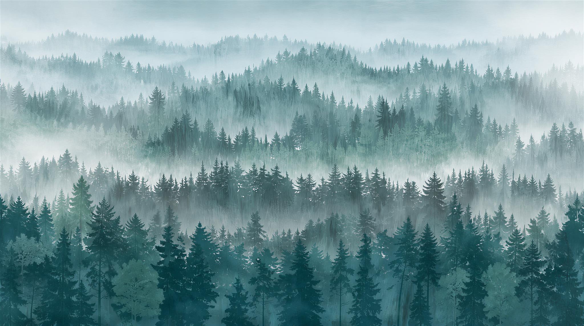 Red And Teal Woodland Trees Decorative Wallpaper Mural Accent-wall-wallpaper-murals, Peel-and-stick Finish