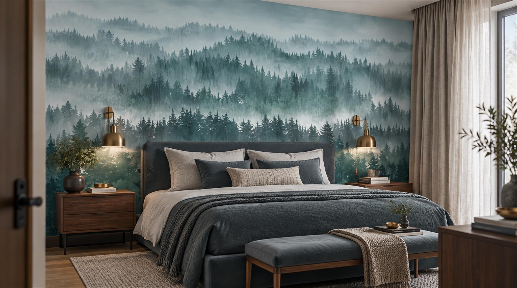 Red And Teal Woodland Trees Decorative Wallpaper Mural Cafe-wallpaper-murals, Peel-and-stick Finish
