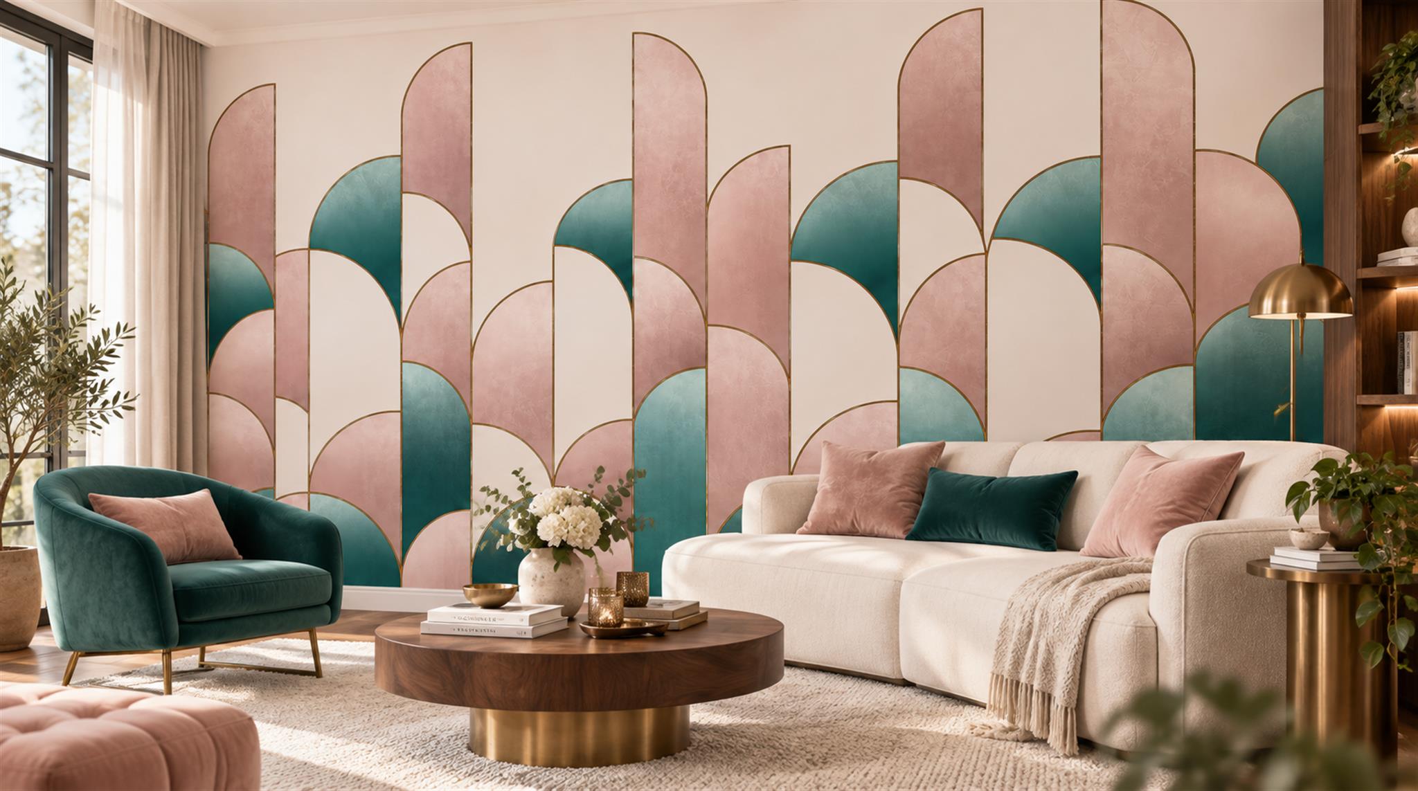 Red And Soft Pastel Decorative Patterning Wallpaper Layered Wallpaper Living-room-wallpaper-murals, Shown In A Living Room, Peel-and-stick Finish