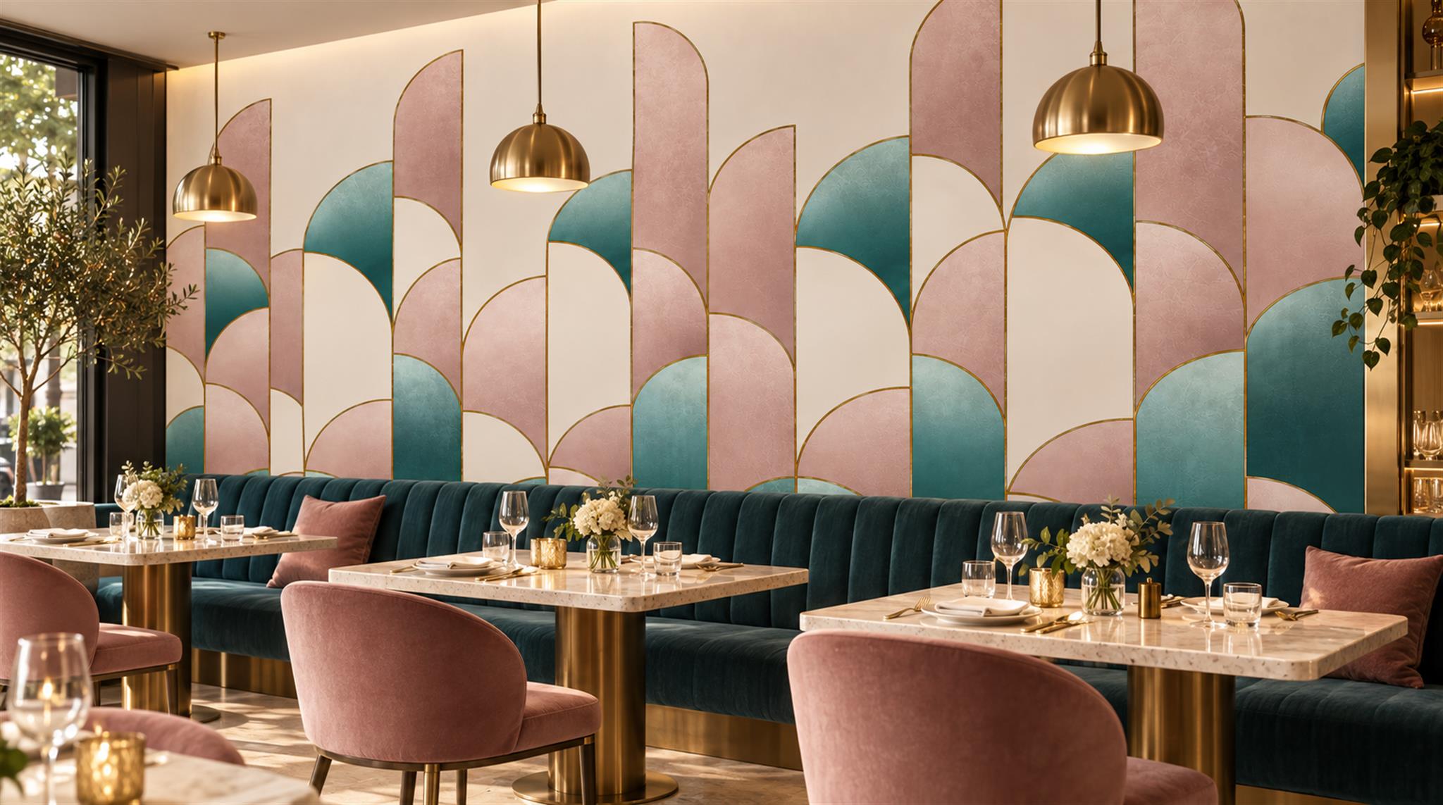 Blush and teal geometric arch mural behind a green restaurant banquette