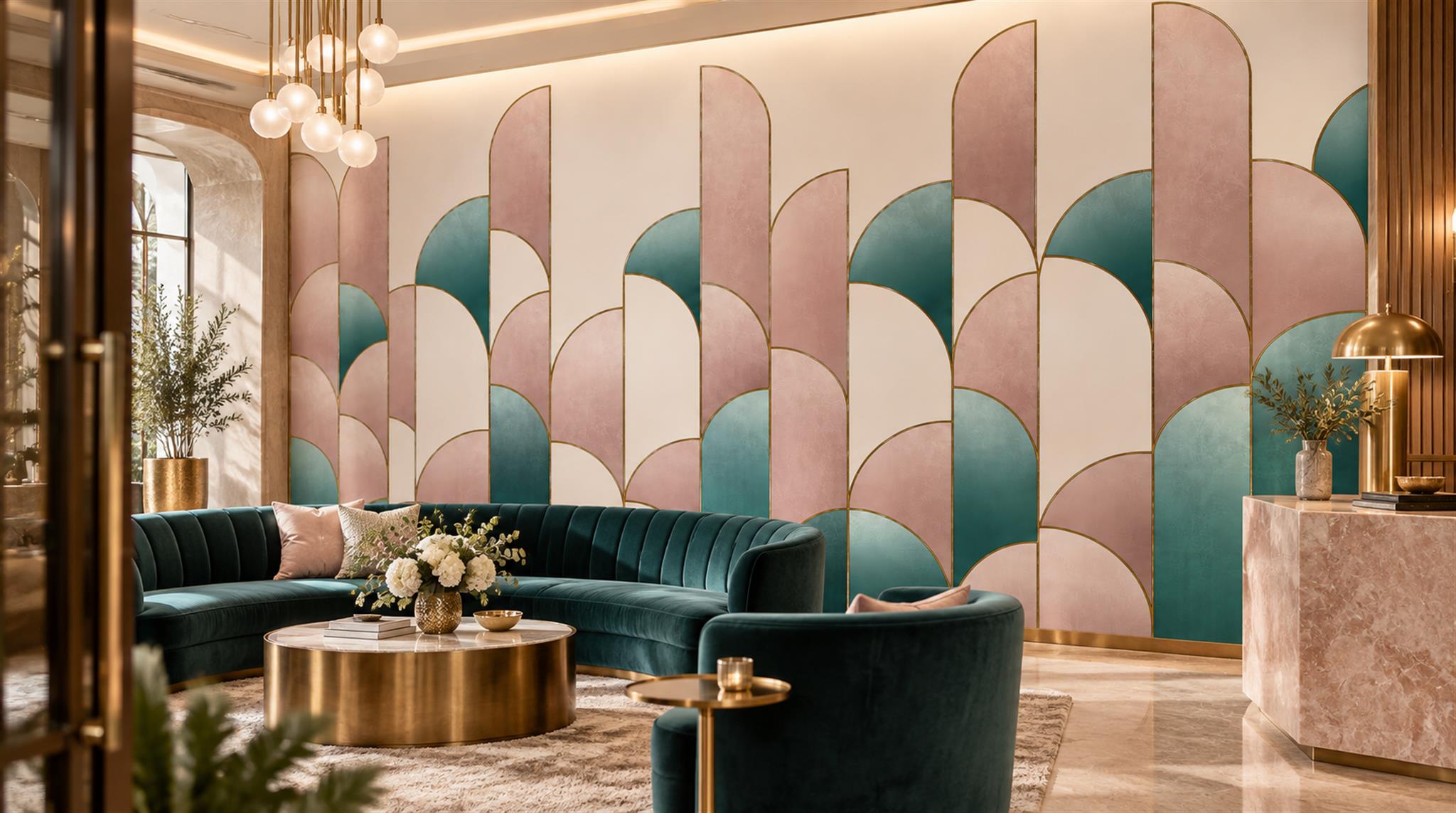 Red And Soft Pastel Decorative Patterning Wallpaper Layered Wallpaper Accent-wall-wallpaper-murals, Peel-and-stick Finish