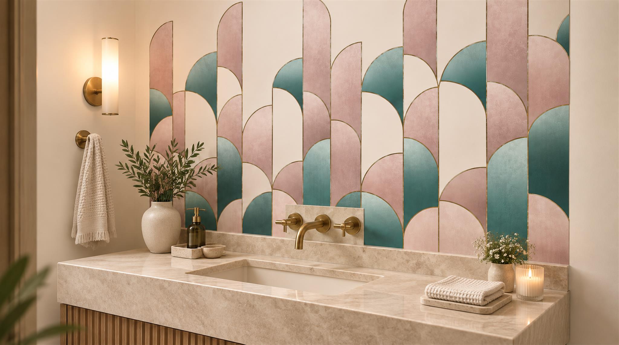 Red And Soft Pastel Decorative Patterning Wallpaper Layered Wallpaper Accent-wall-wallpaper-murals, Peel-and-stick Finish