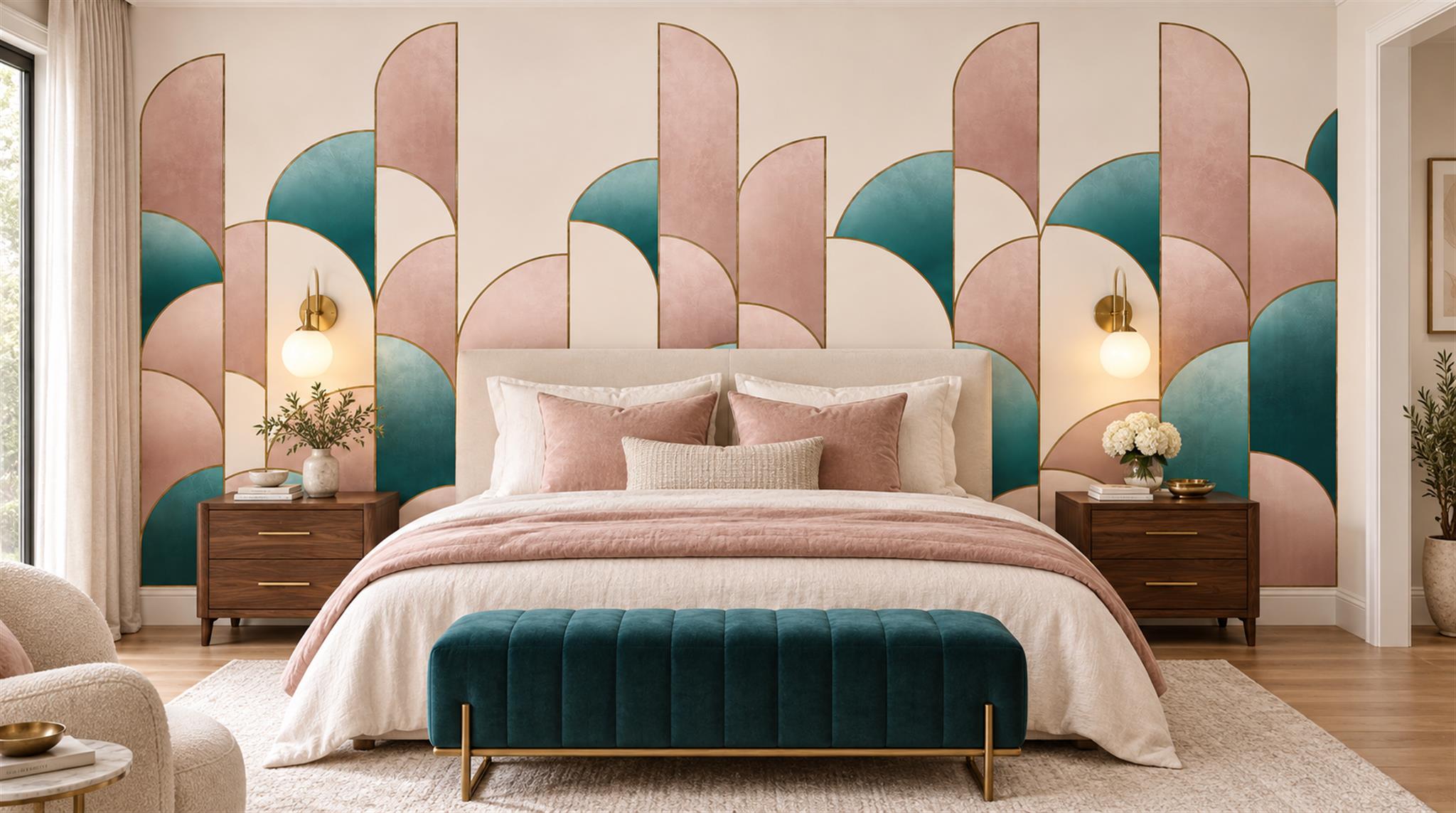 Red And Soft Pastel Decorative Patterning Wallpaper Layered Wallpaper Bedroom-wallpaper-murals, Peel-and-stick Finish
