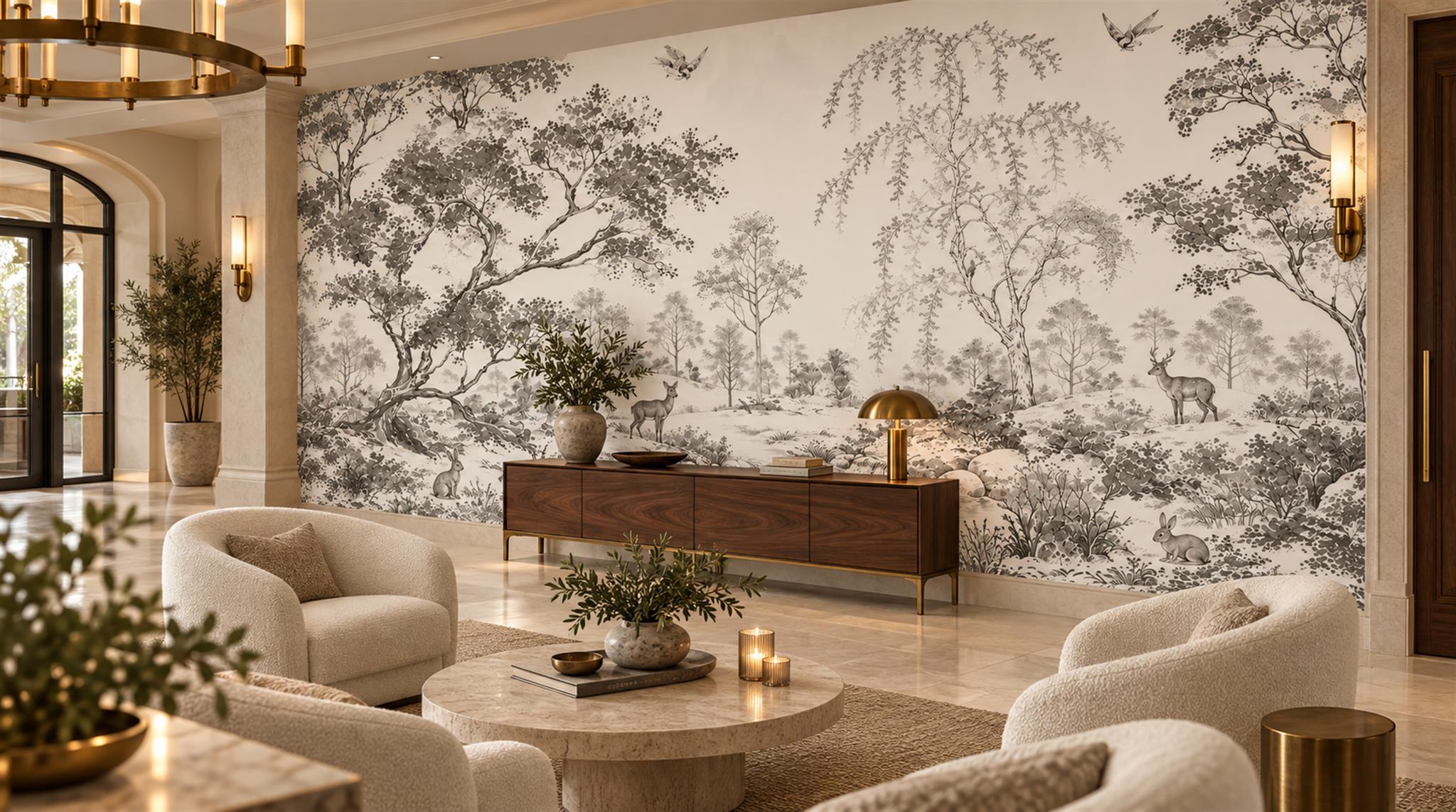 Red And Neutral A Painterly Scenic View Painterly Wallpaper Accent-wall-wallpaper-murals, Peel-and-stick Finish
