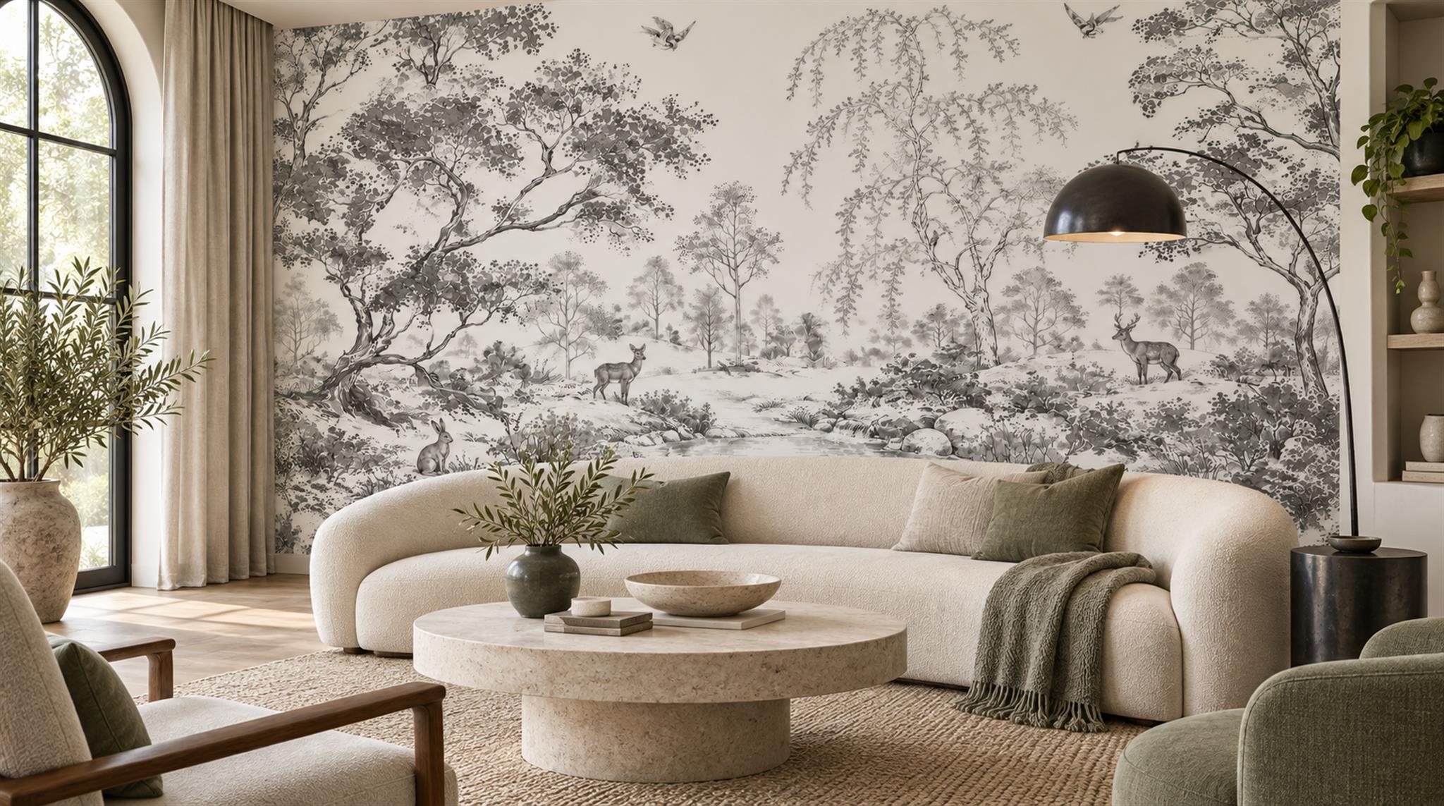 Red And Neutral A Painterly Scenic View Painterly Wallpaper Living-room-wallpaper-murals, Shown In A Living Room, Peel-and-stick Finish