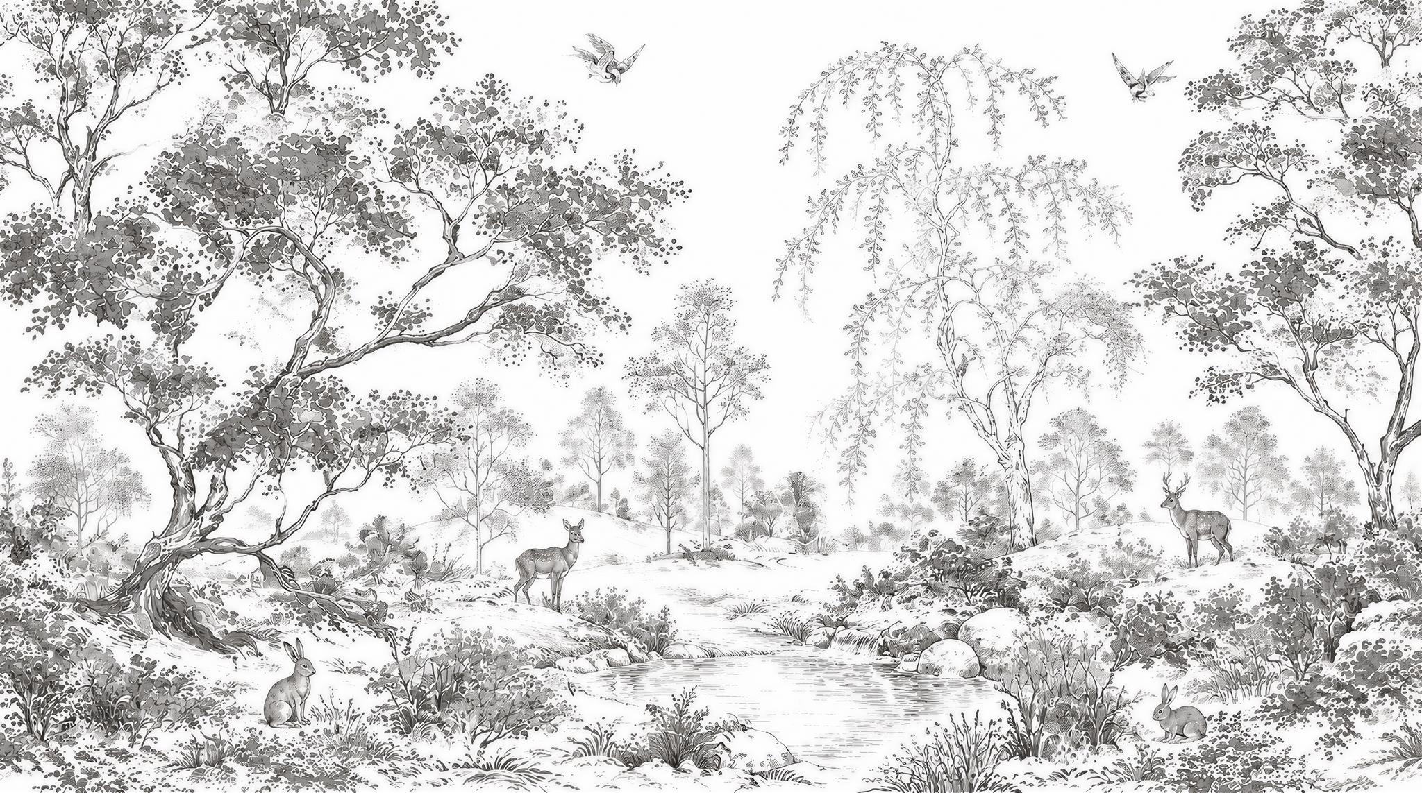 Monochrome Woodland Deer And Rabbits Wallpaper Mural — Wallpaper Mural Design, Peel-and-stick Finish