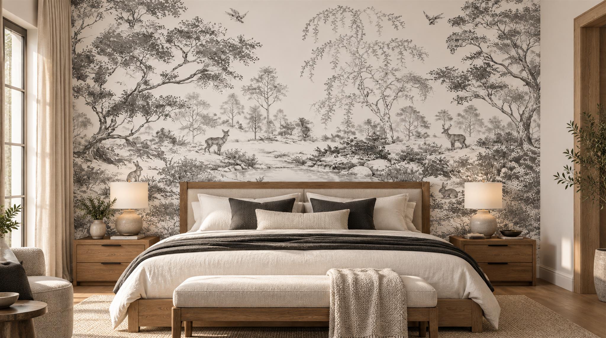 Red And Neutral A Painterly Scenic View Painterly Wallpaper Bedroom-wallpaper-murals, Peel-and-stick Finish