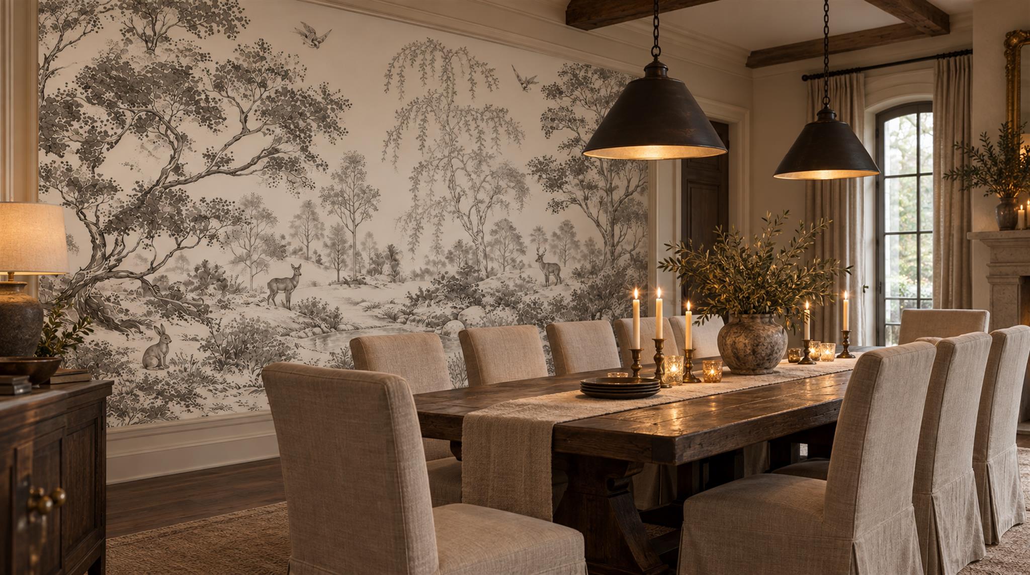 Red And Neutral A Painterly Scenic View Painterly Wallpaper Dining-room-wallpaper-murals, Shown In A Dining Room, Peel-and-stick Finish
