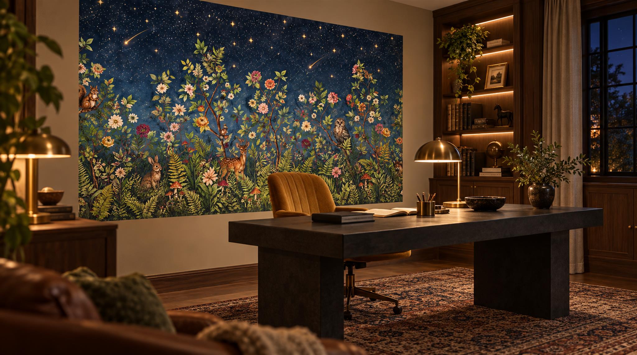 Red And Navy Floral Forms Wallpaper Mural Office-wallpaper-murals, Shown In A Home Office, Peel-and-stick Finish