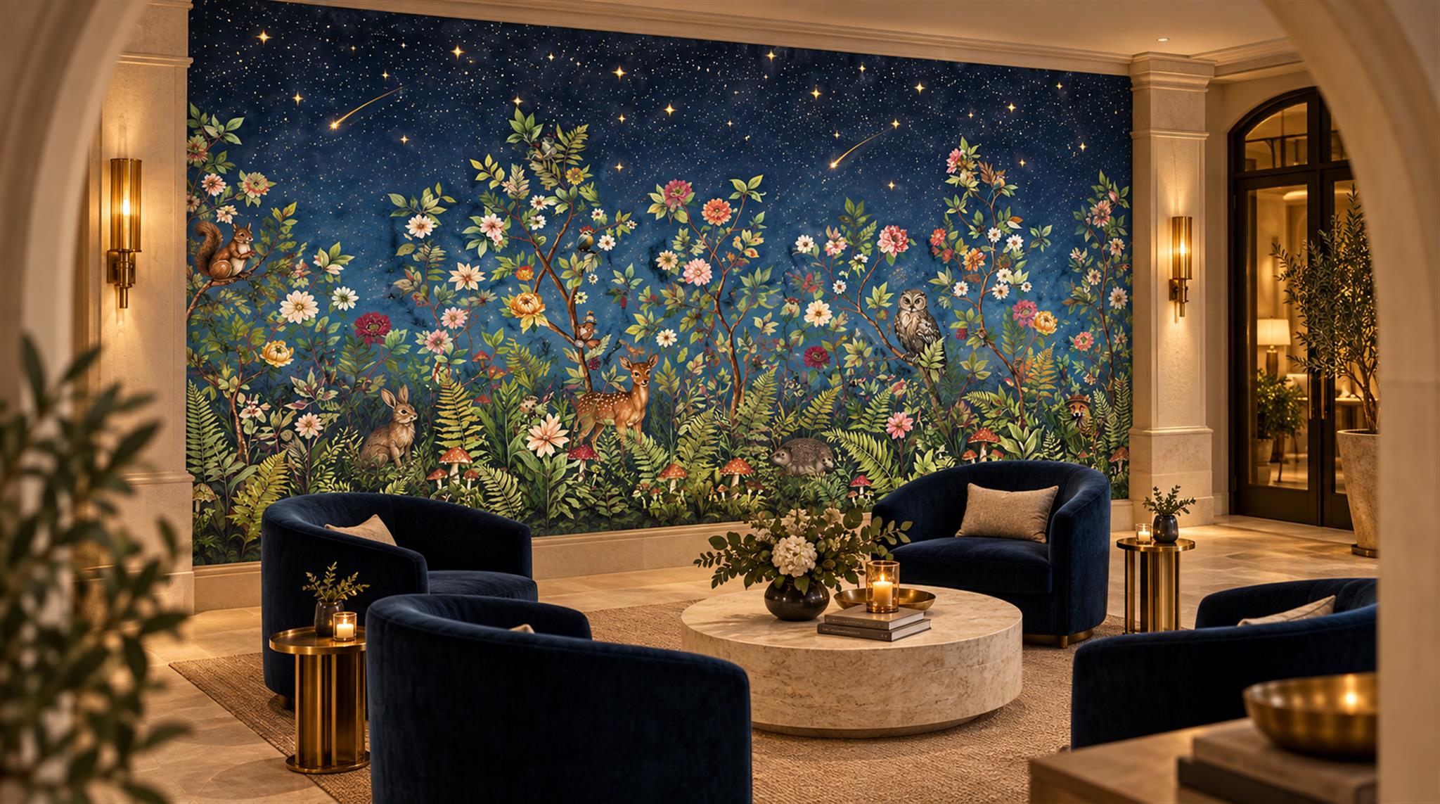 Red And Navy Floral Forms Wallpaper Mural Accent-wall-wallpaper-murals, Peel-and-stick Finish