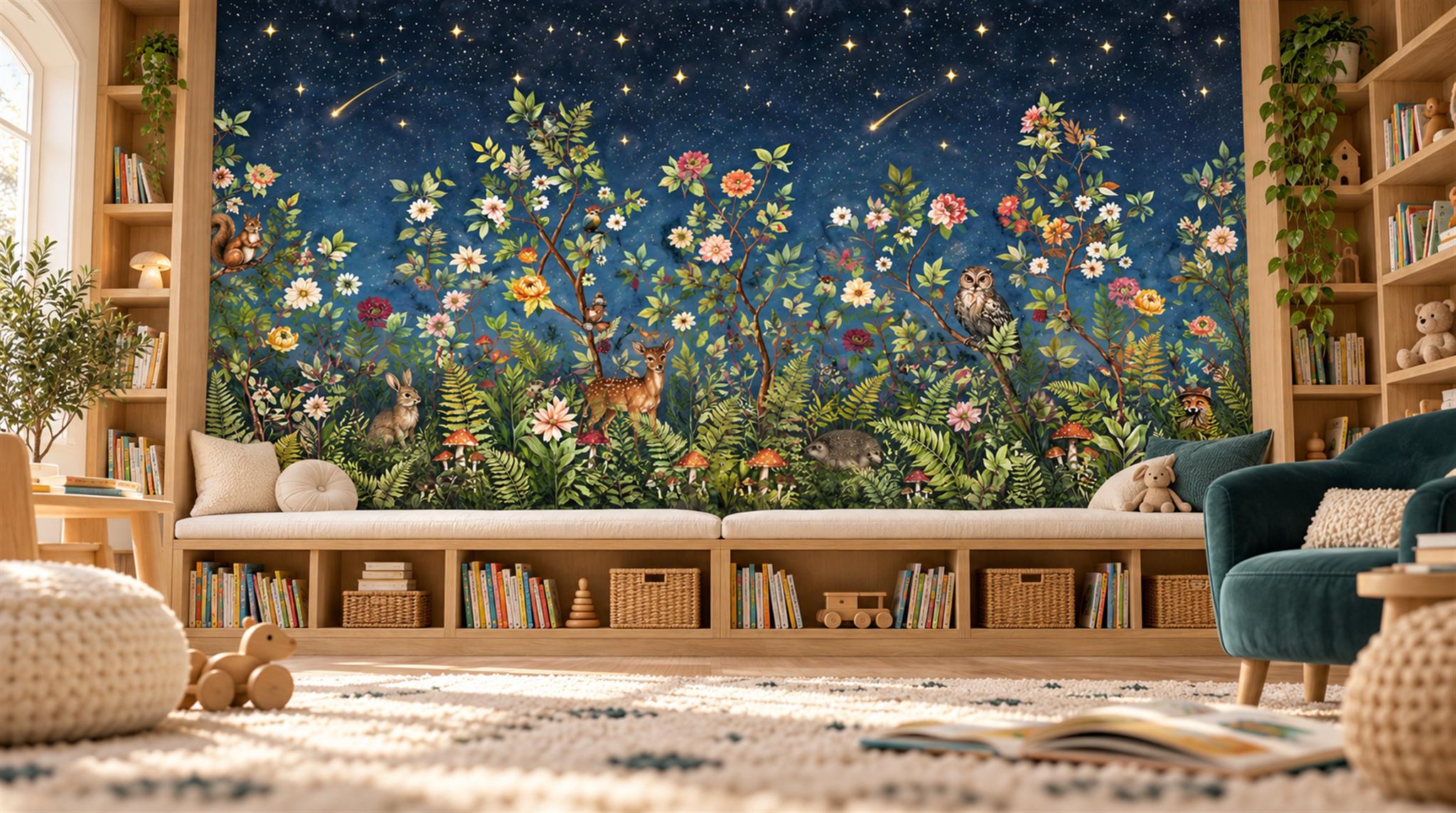 Red And Navy Floral Forms Wallpaper Mural Accent-wall-wallpaper-murals, Peel-and-stick Finish