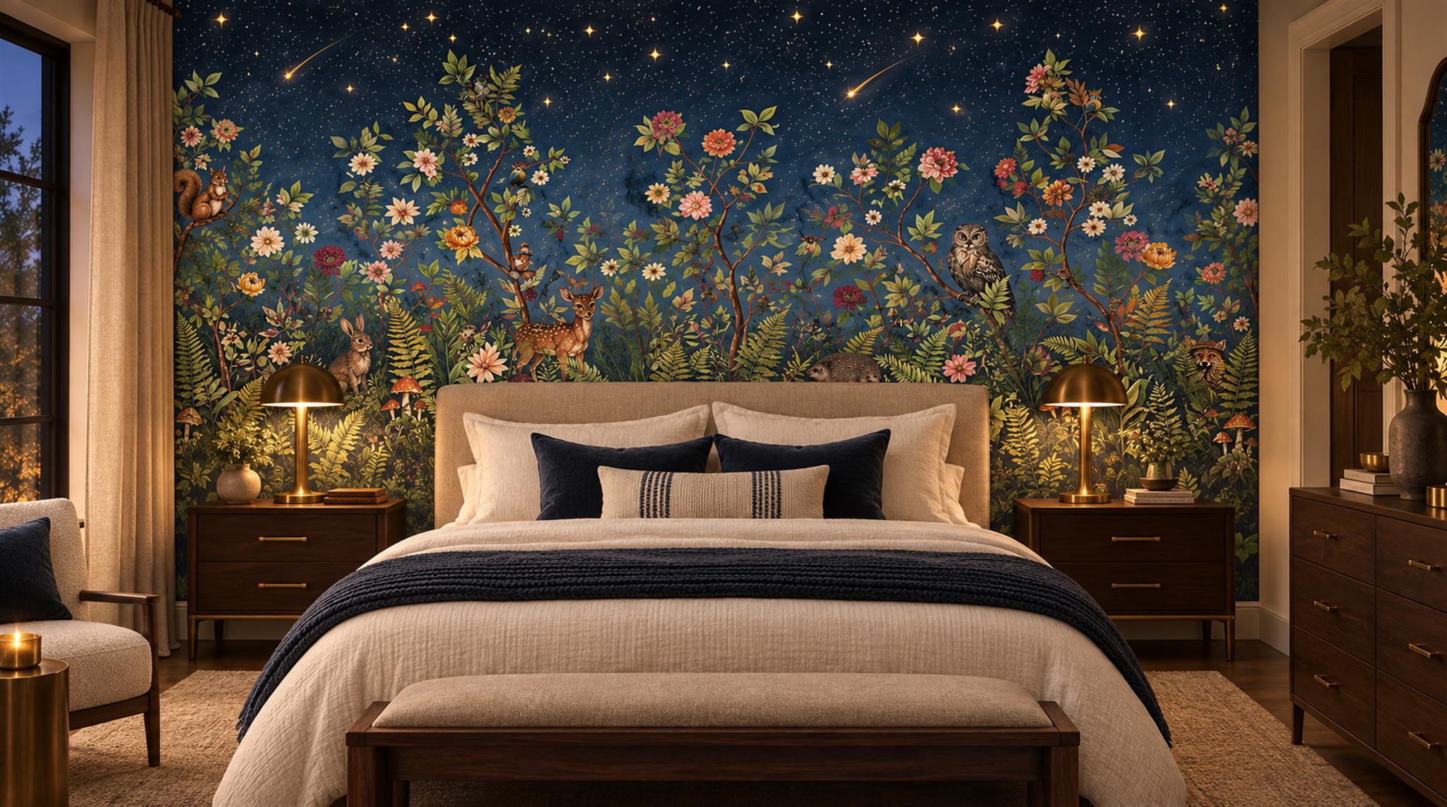 Red And Navy Floral Forms Wallpaper Mural Bedroom-wallpaper-murals, Peel-and-stick Finish