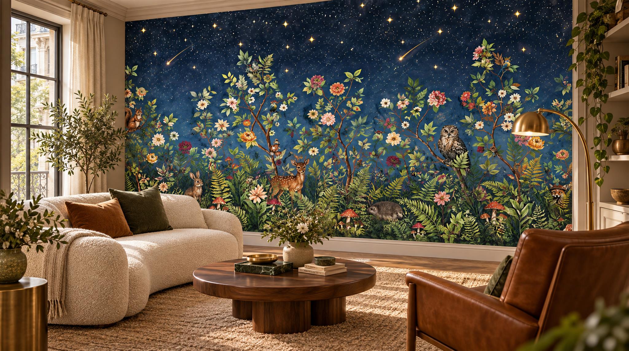 Red And Navy Floral Forms Wallpaper Mural Feature-wall-wallpaper-murals, Peel-and-stick Finish