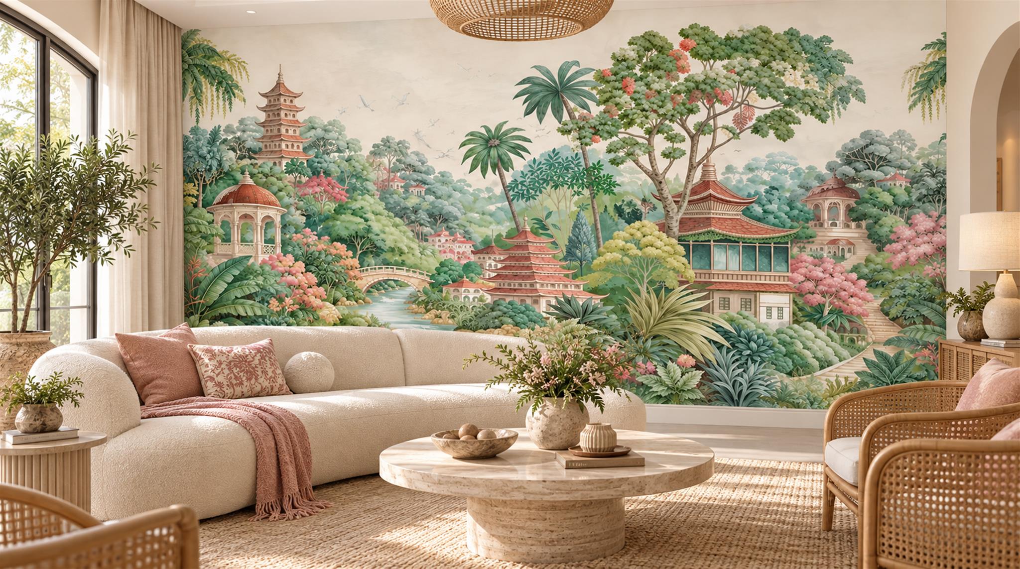 Cream And Red Decorative Patterning Organic Wallpaper Mural Living-room-wallpaper-murals, Shown In A Living Room, Peel-and-stick Finish