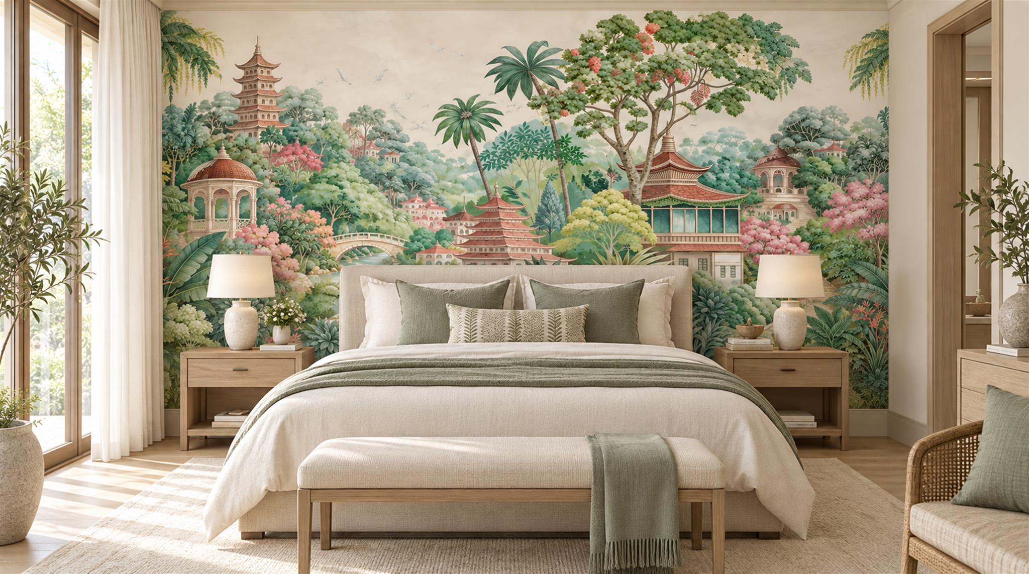 Cream And Red Decorative Patterning Organic Wallpaper Mural Bedroom-wallpaper-murals, Peel-and-stick Finish