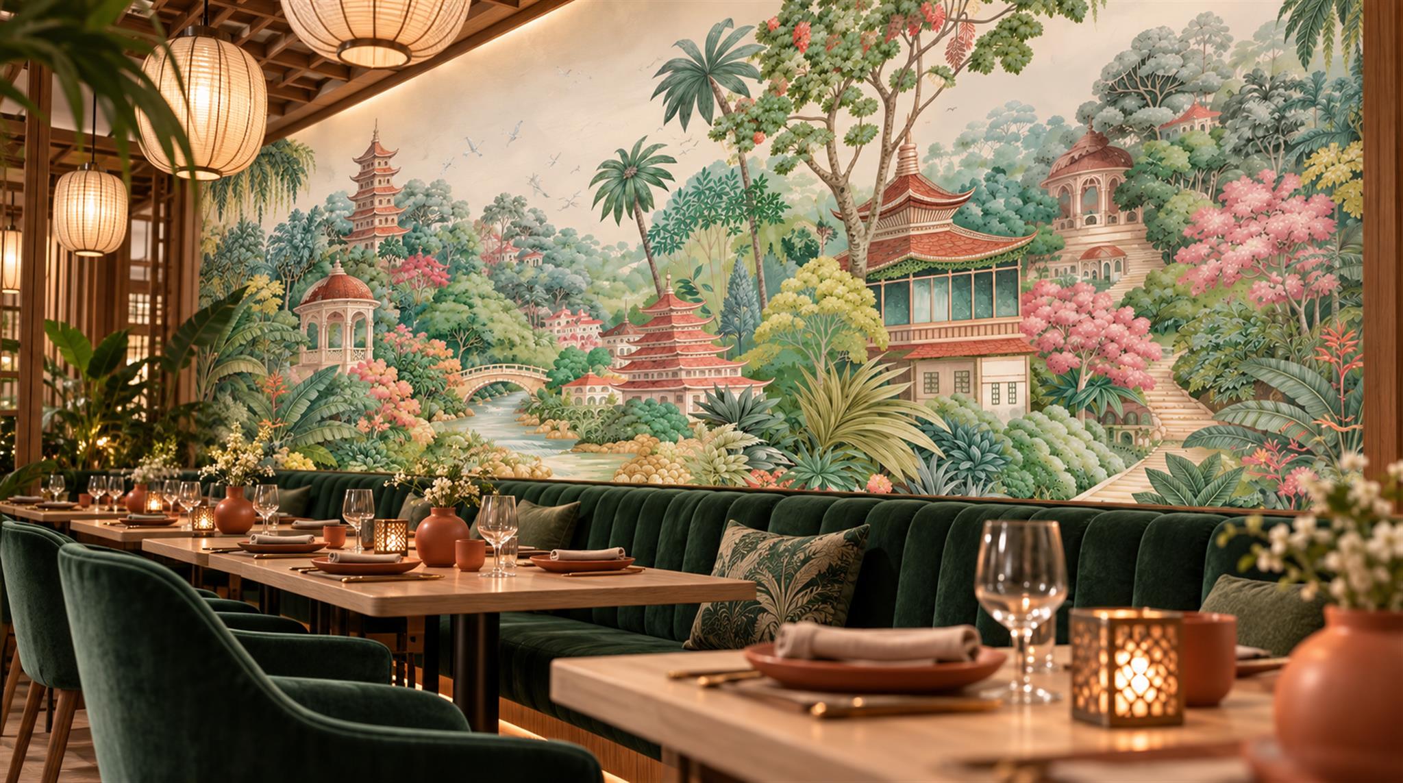Cream And Red Decorative Patterning Organic Wallpaper Mural Restaurant-wallpaper-murals, Peel-and-stick Finish