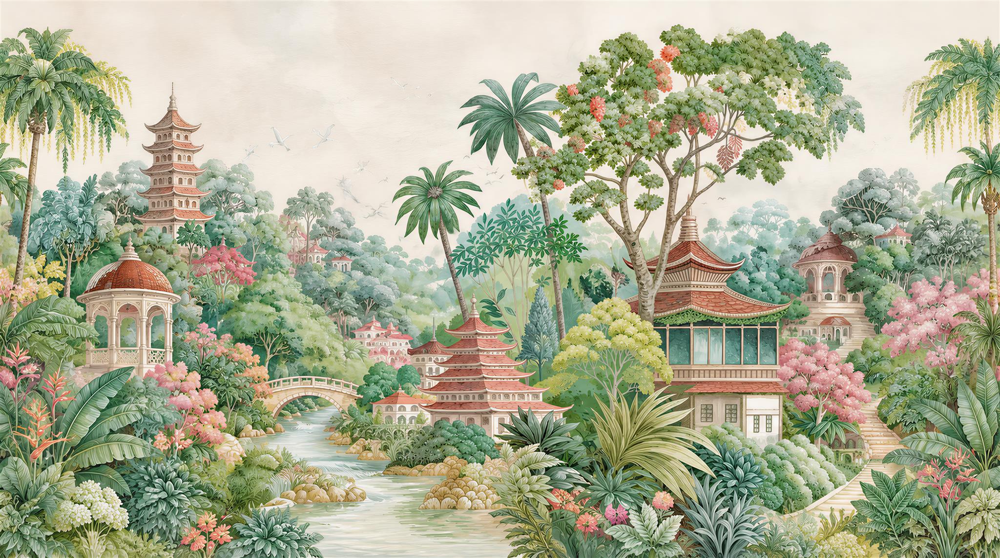Pagoda And Flowering Trees Asian Garden Wallpaper Mural — Wallpaper Mural Design, Peel-and-stick Finish