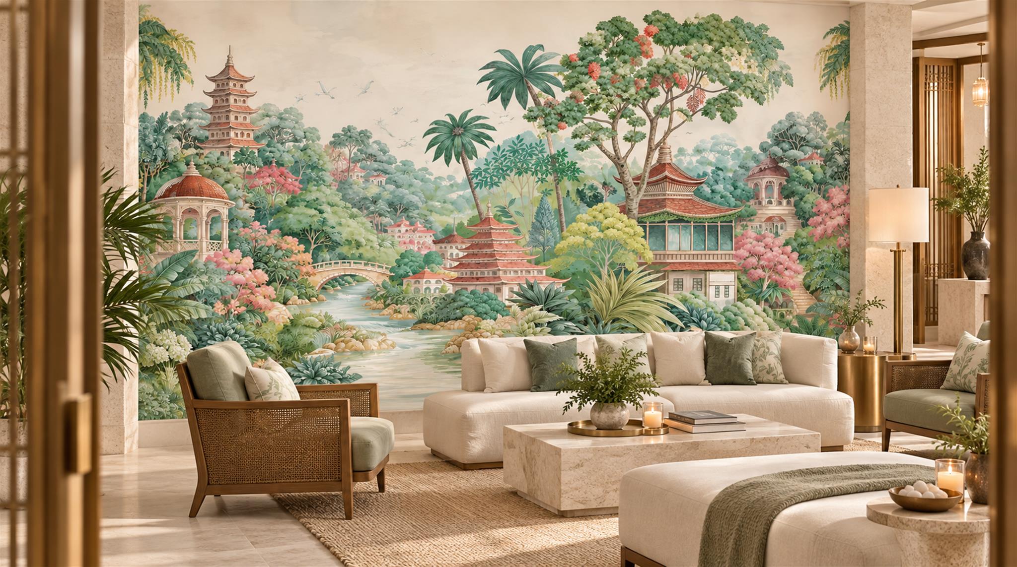 Cream And Red Decorative Patterning Organic Wallpaper Mural Accent-wall-wallpaper-murals, Peel-and-stick Finish