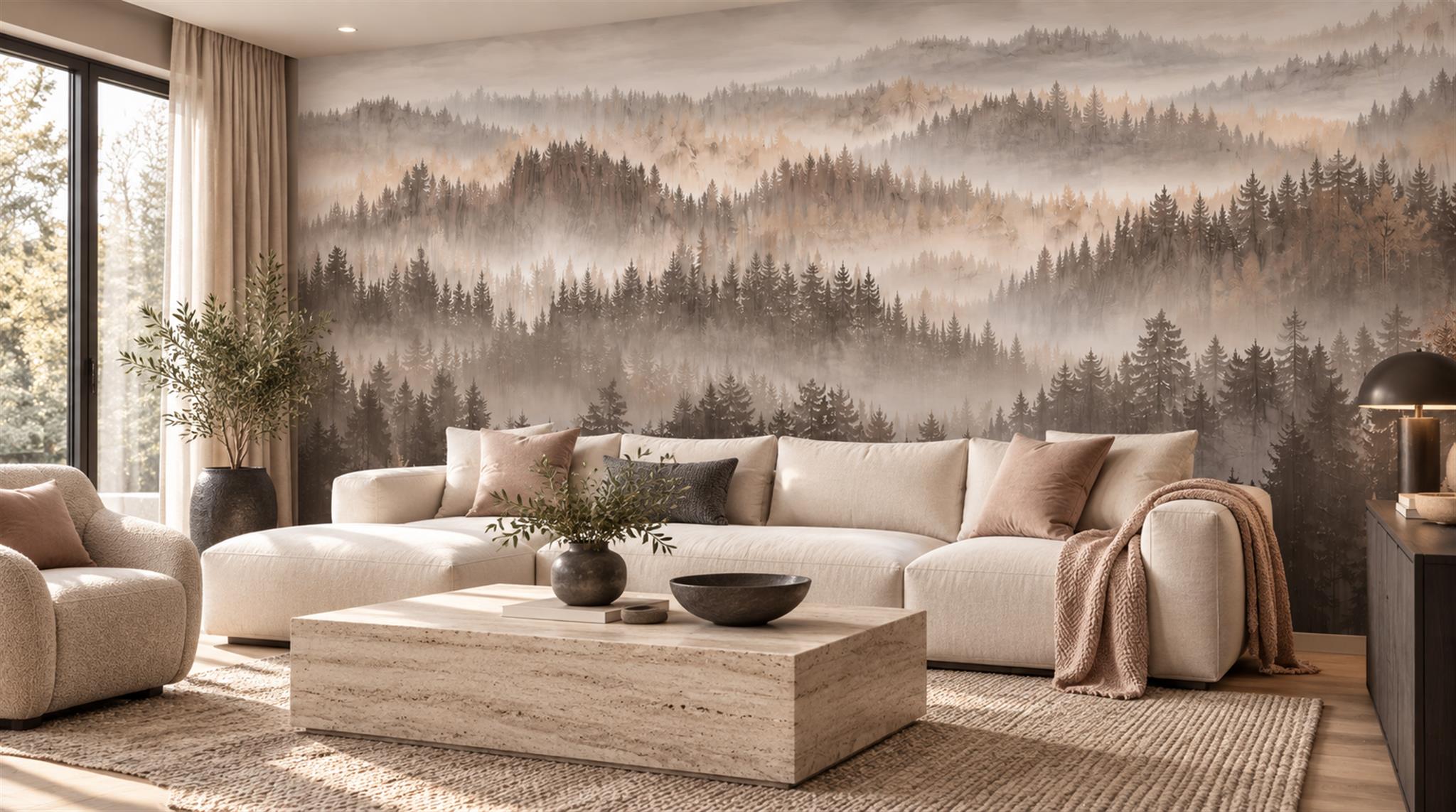 Ivory And Red Decorative Patterning Wallpaper Mural Layered Textured Living-room-wallpaper-murals, Shown In A Living Room, Peel-and-stick Finish