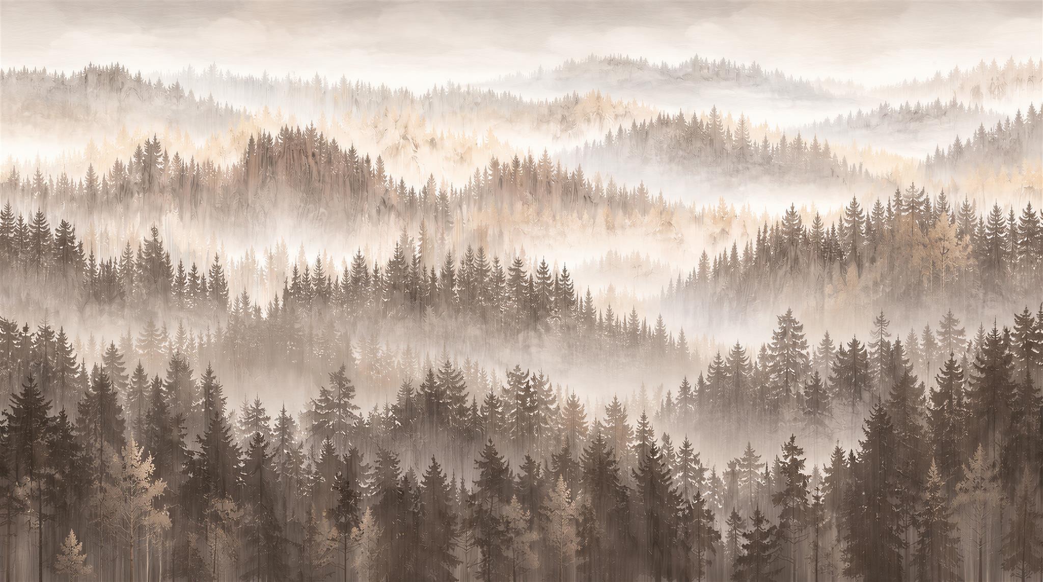Misty Layered Woodland Ridge Wallpaper Mural — Wallpaper Mural Design, Peel-and-stick Finish