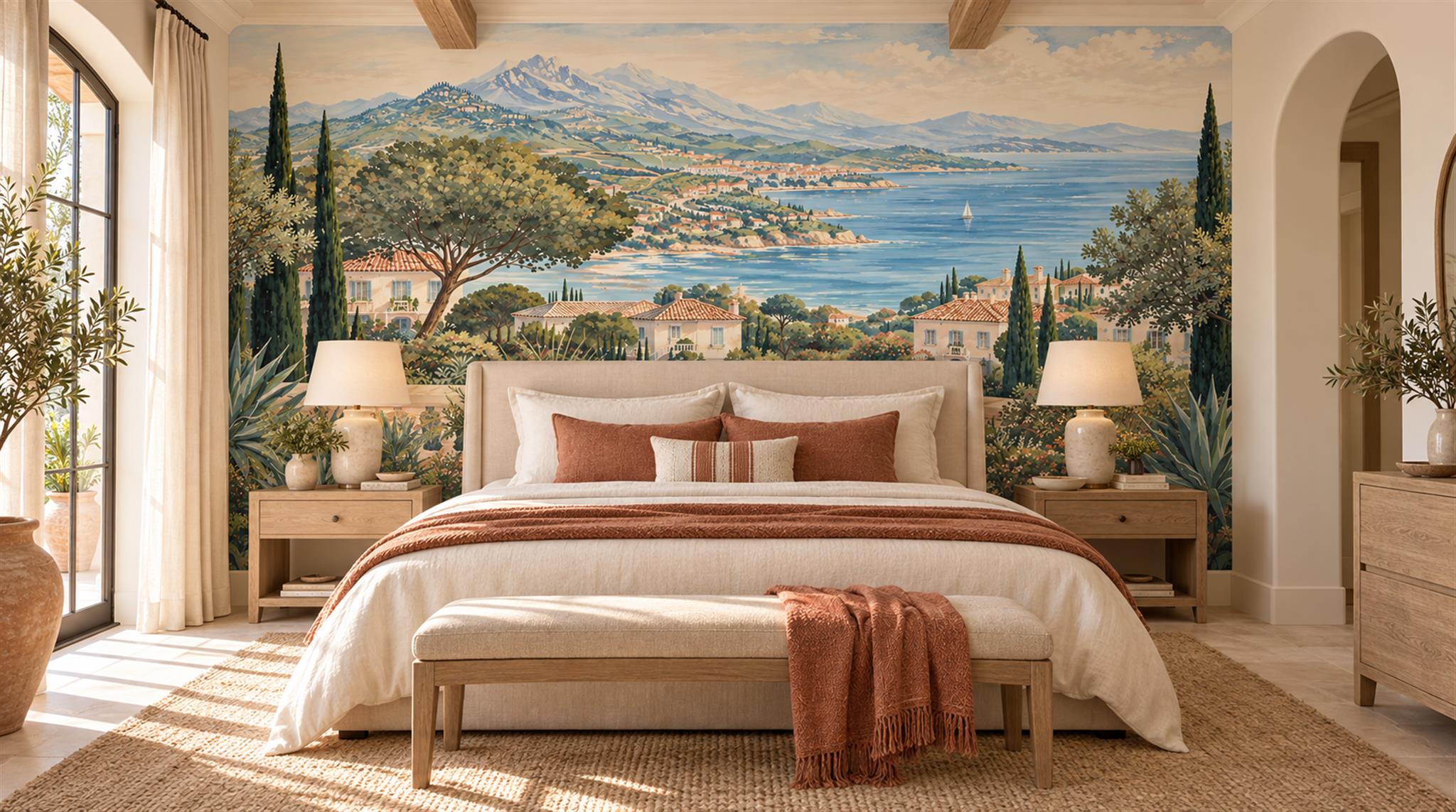 Red And Blue Decorative Patterning Layered Wallpaper Mural Bedroom-wallpaper-murals, Peel-and-stick Finish