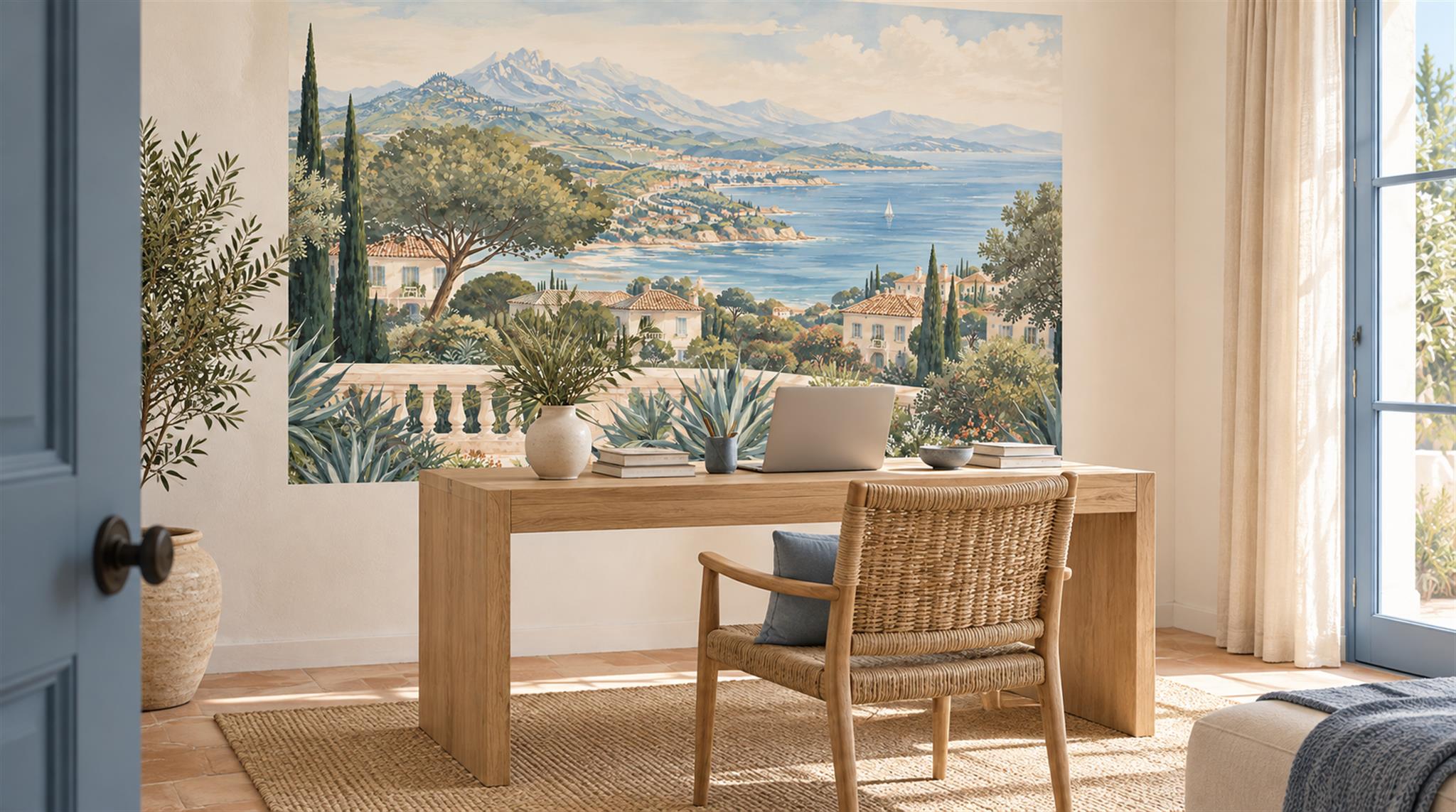 Red And Blue Decorative Patterning Layered Wallpaper Mural Office-wallpaper-murals, Shown In A Home Office, Peel-and-stick Finish
