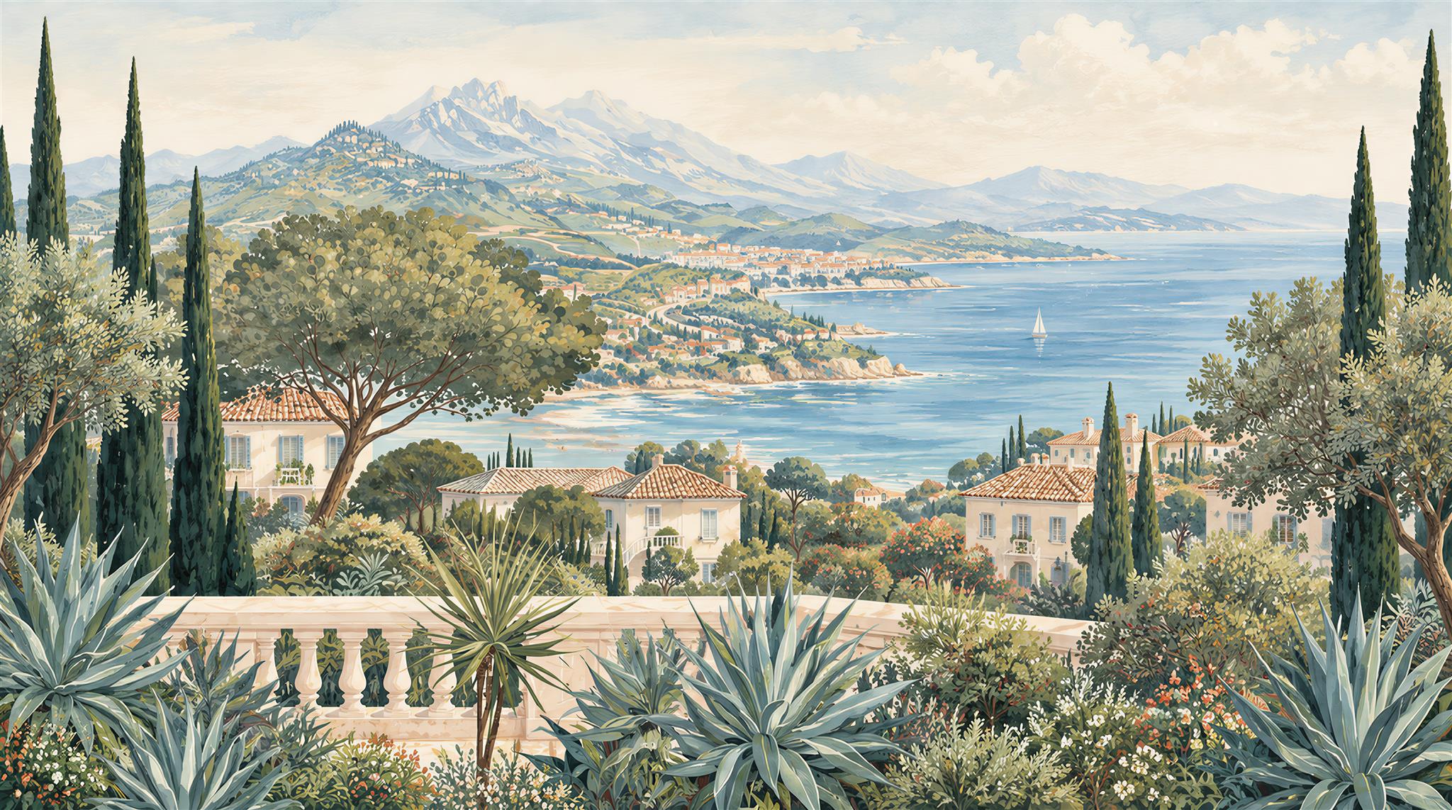 Mediterranean Coastal Village Wallpaper Mural — Wallpaper Mural Design, Peel-and-stick Finish