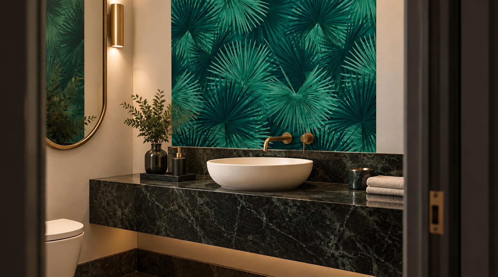 Red And Teal Palm Leaves Wallpaper Mural Powder-room-wallpaper-murals, Peel-and-stick Finish