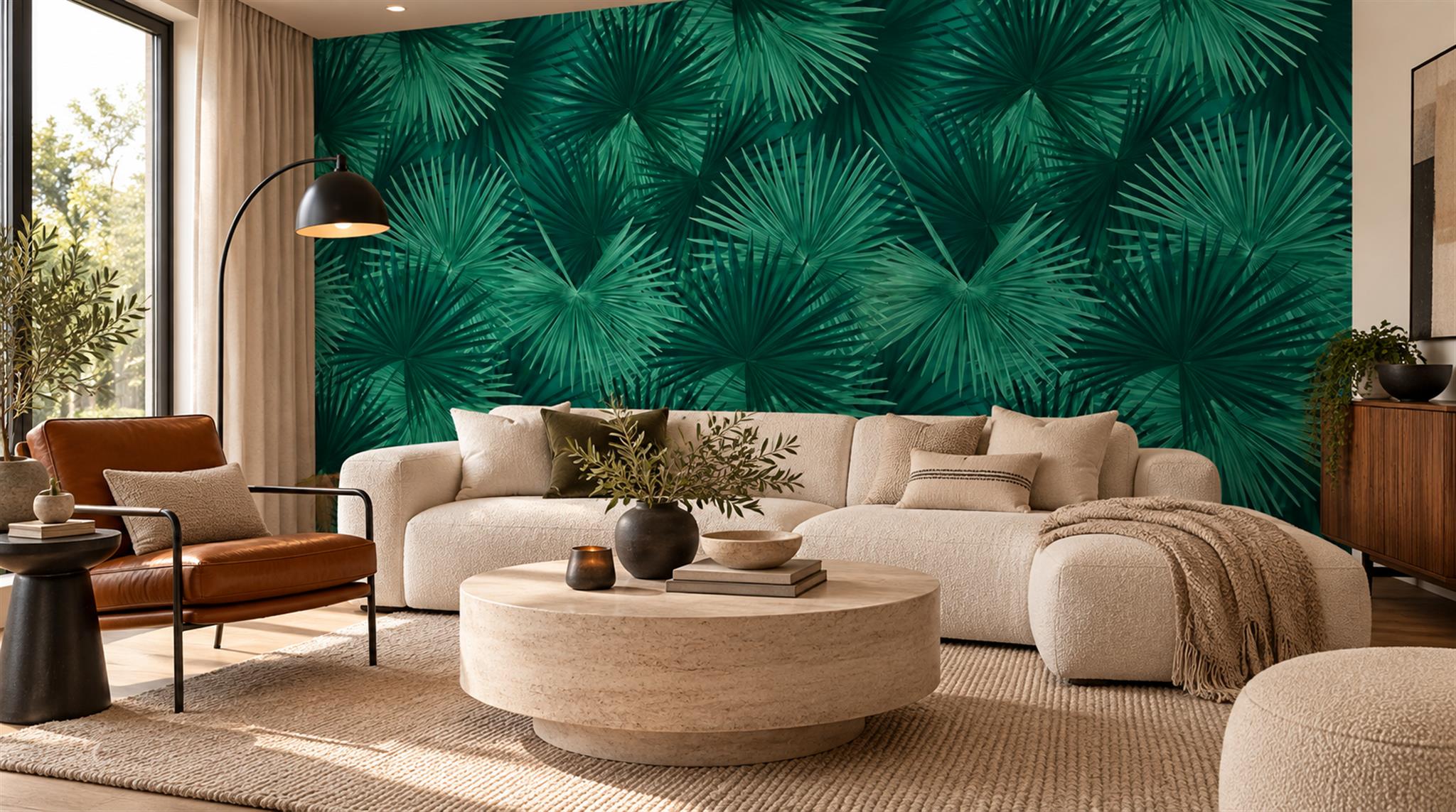 Red And Teal Palm Leaves Wallpaper Mural Living-room-wallpaper-murals, Peel-and-stick Finish