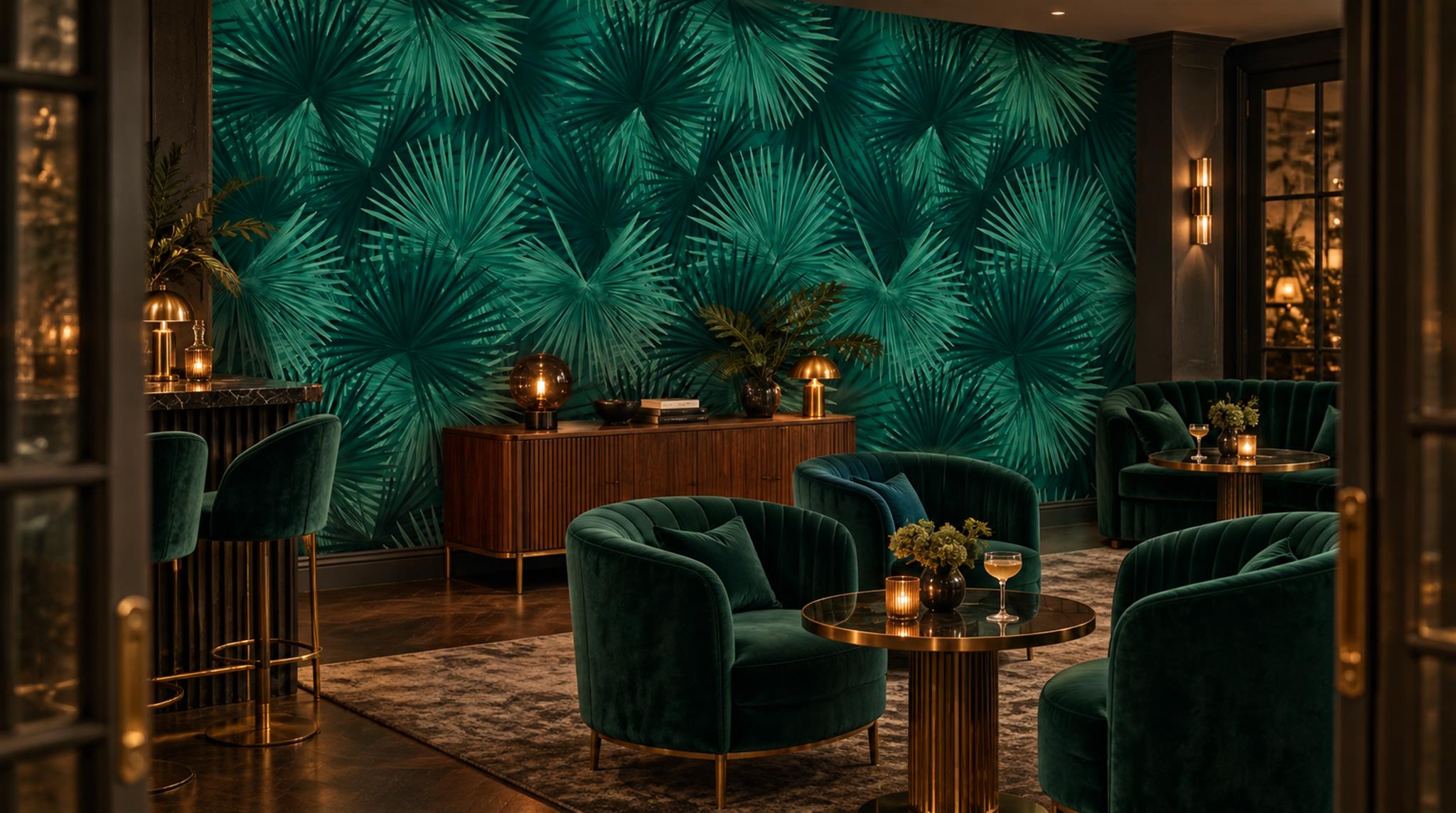 Red And Teal Palm Leaves Wallpaper Mural Feature-wall-wallpaper-murals, Peel-and-stick Finish