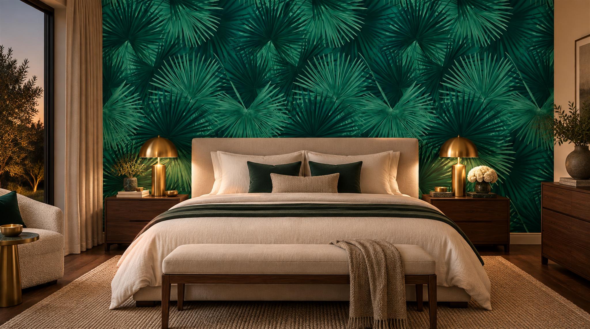 Red And Teal Palm Leaves Wallpaper Mural Living-room-wallpaper-murals, Peel-and-stick Finish