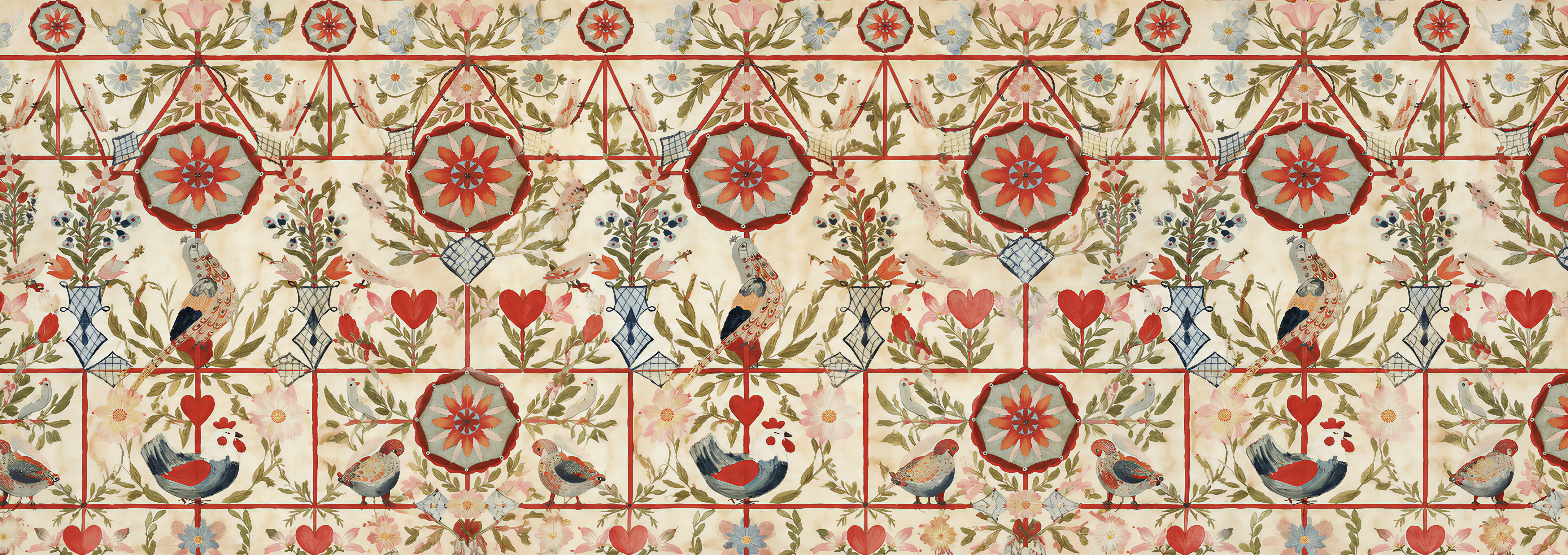 Red And Neutral Damask Patterning Wallpaper Mural, Peel-and-stick Finish