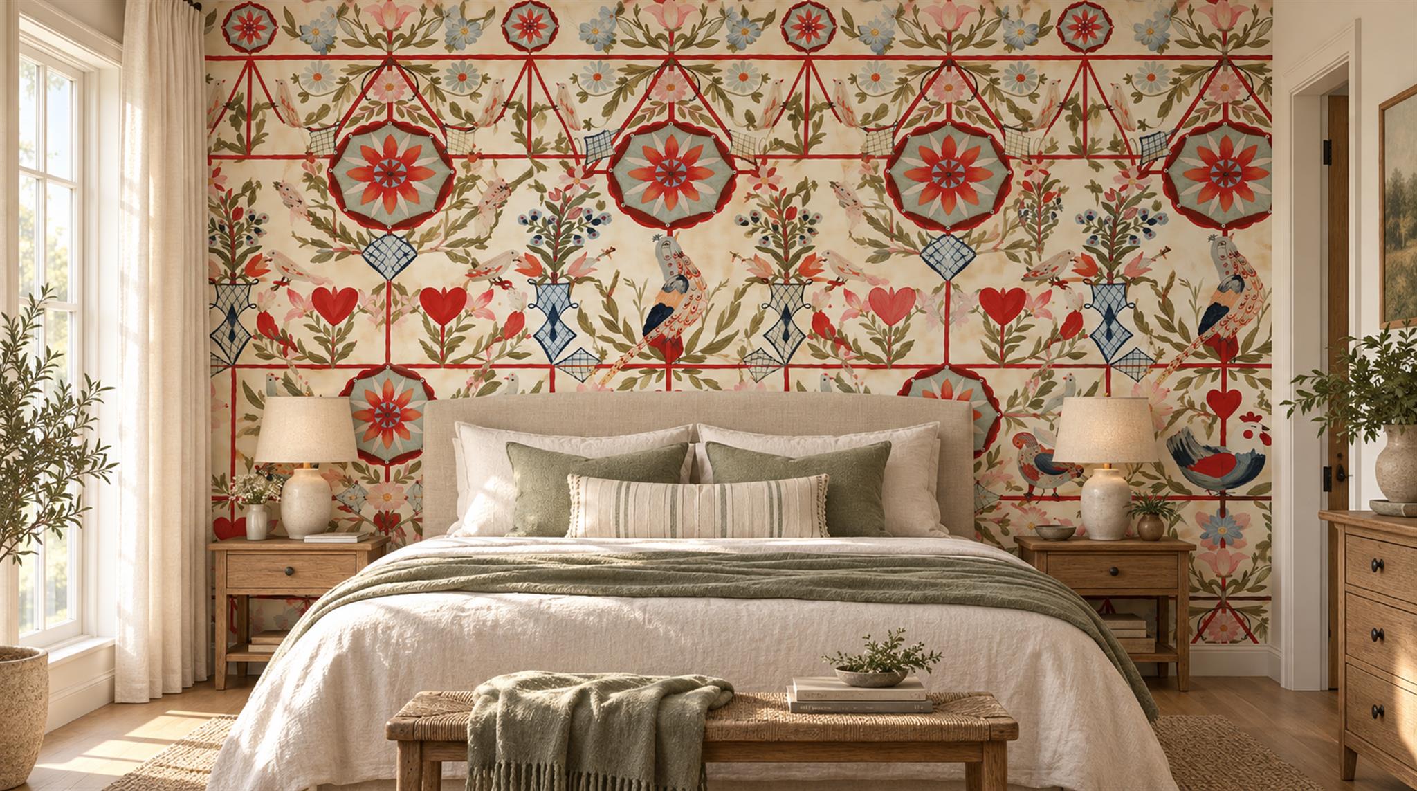 Red And Neutral Damask Patterning Wallpaper Mural Bedroom-wallpaper-murals, Peel-and-stick Finish