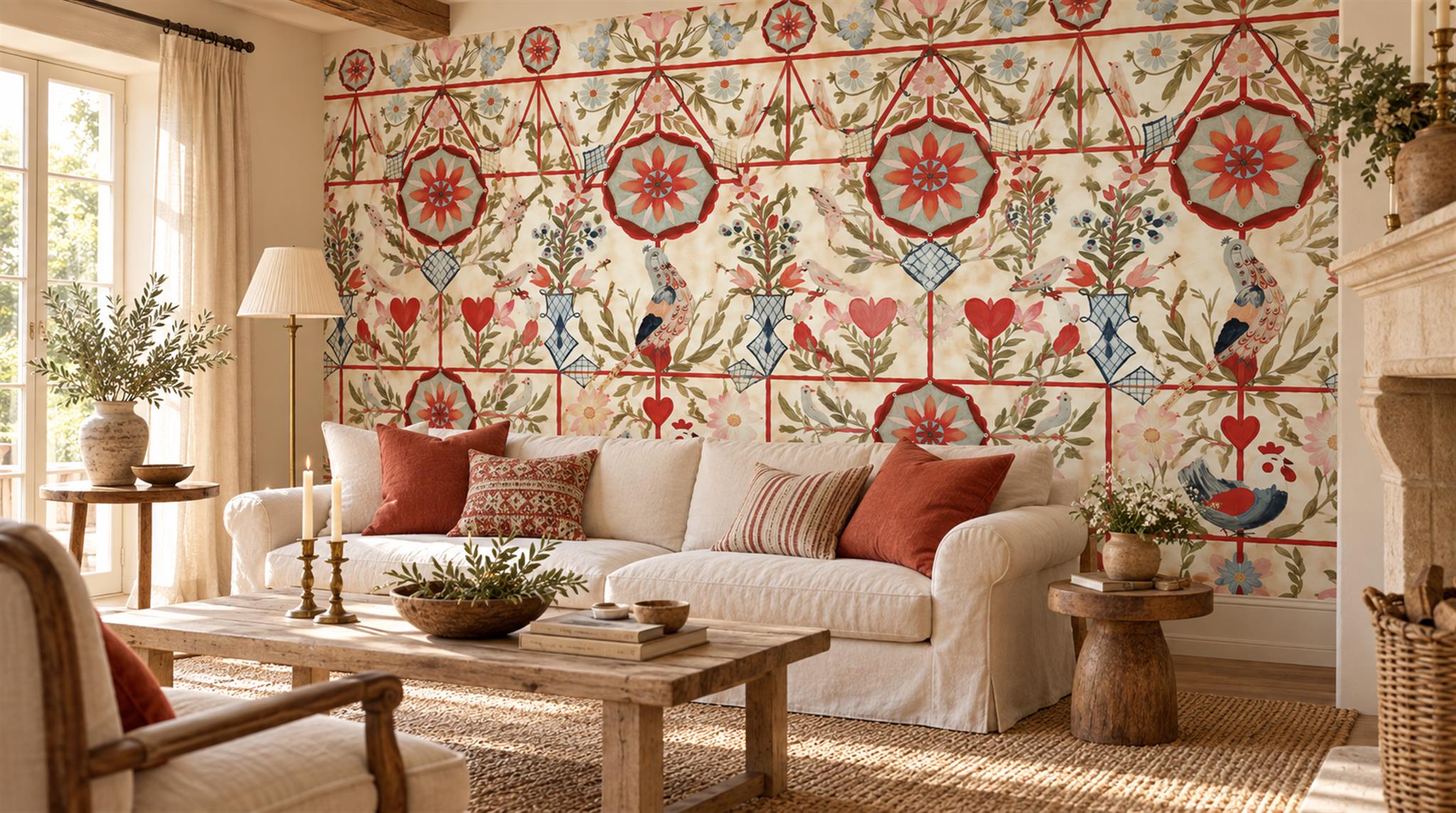 Red And Neutral Damask Patterning Wallpaper Mural Living-room-wallpaper-murals, Peel-and-stick Finish