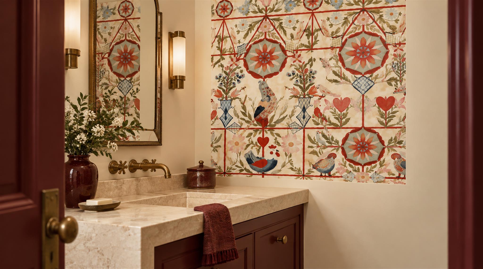 Red And Neutral Damask Patterning Wallpaper Mural Accent-wall-wallpaper-murals, Peel-and-stick Finish