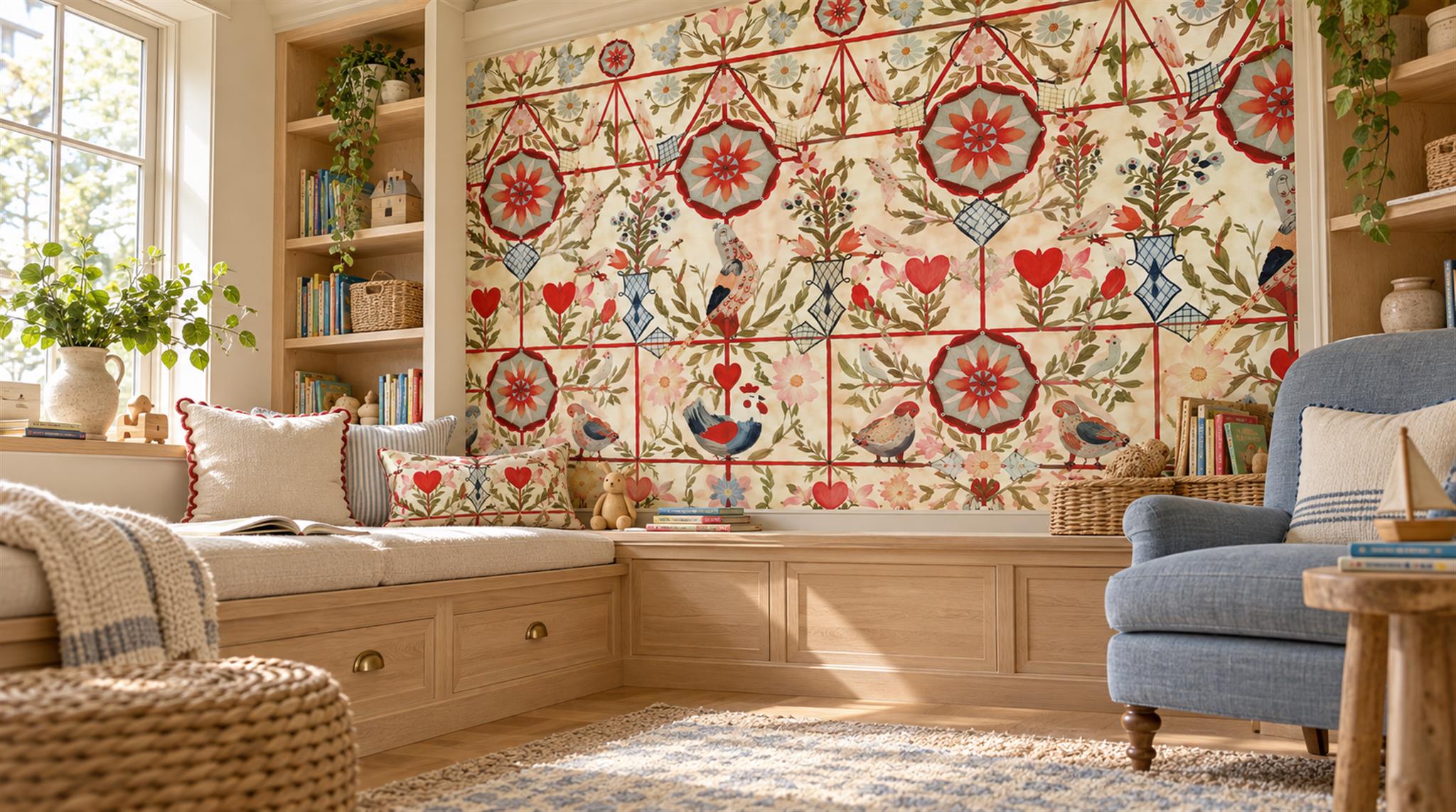Red And Neutral Damask Patterning Wallpaper Mural Accent-wall-wallpaper-murals, Peel-and-stick Finish