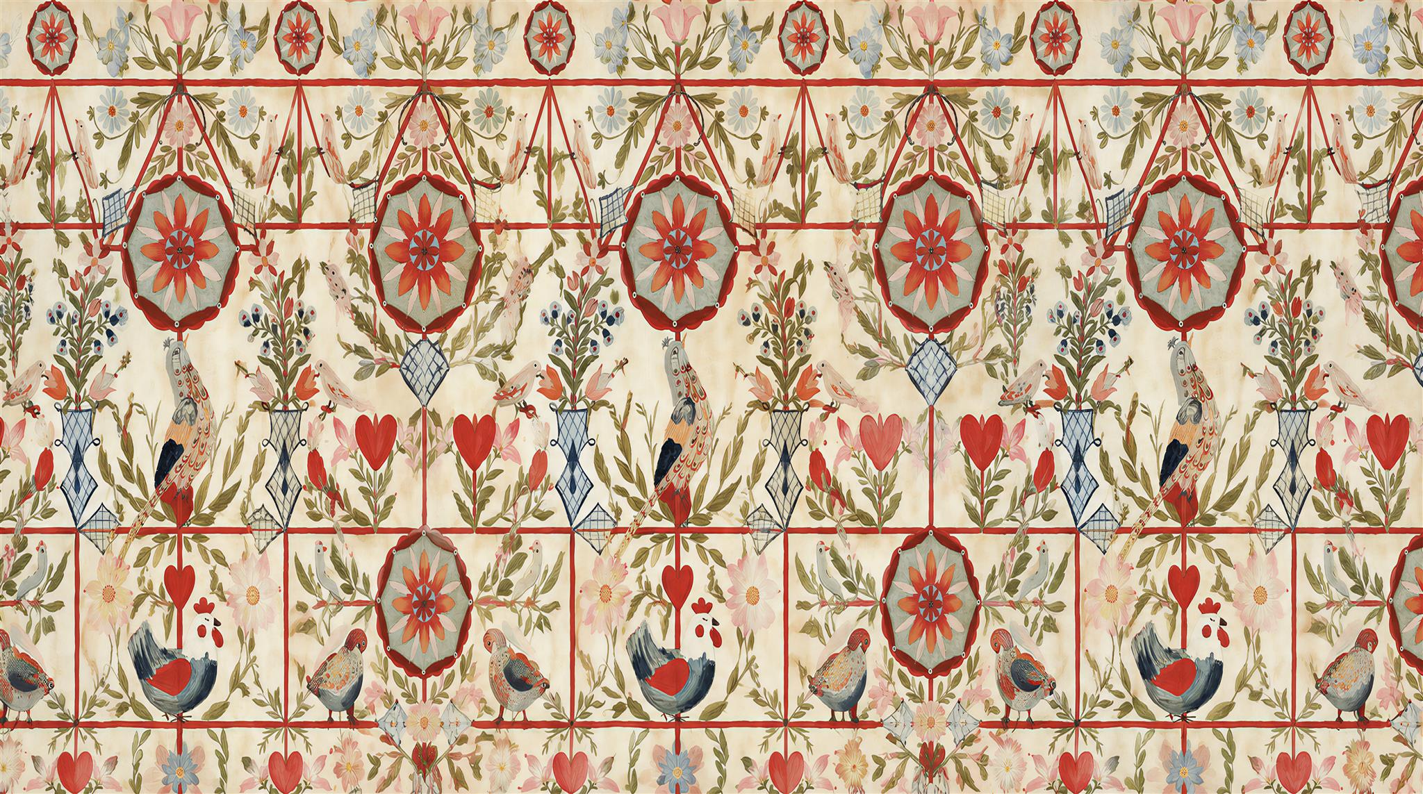 Red And Neutral Damask Patterning Wallpaper Mural Feature-wall-wallpaper-murals, Peel-and-stick Finish