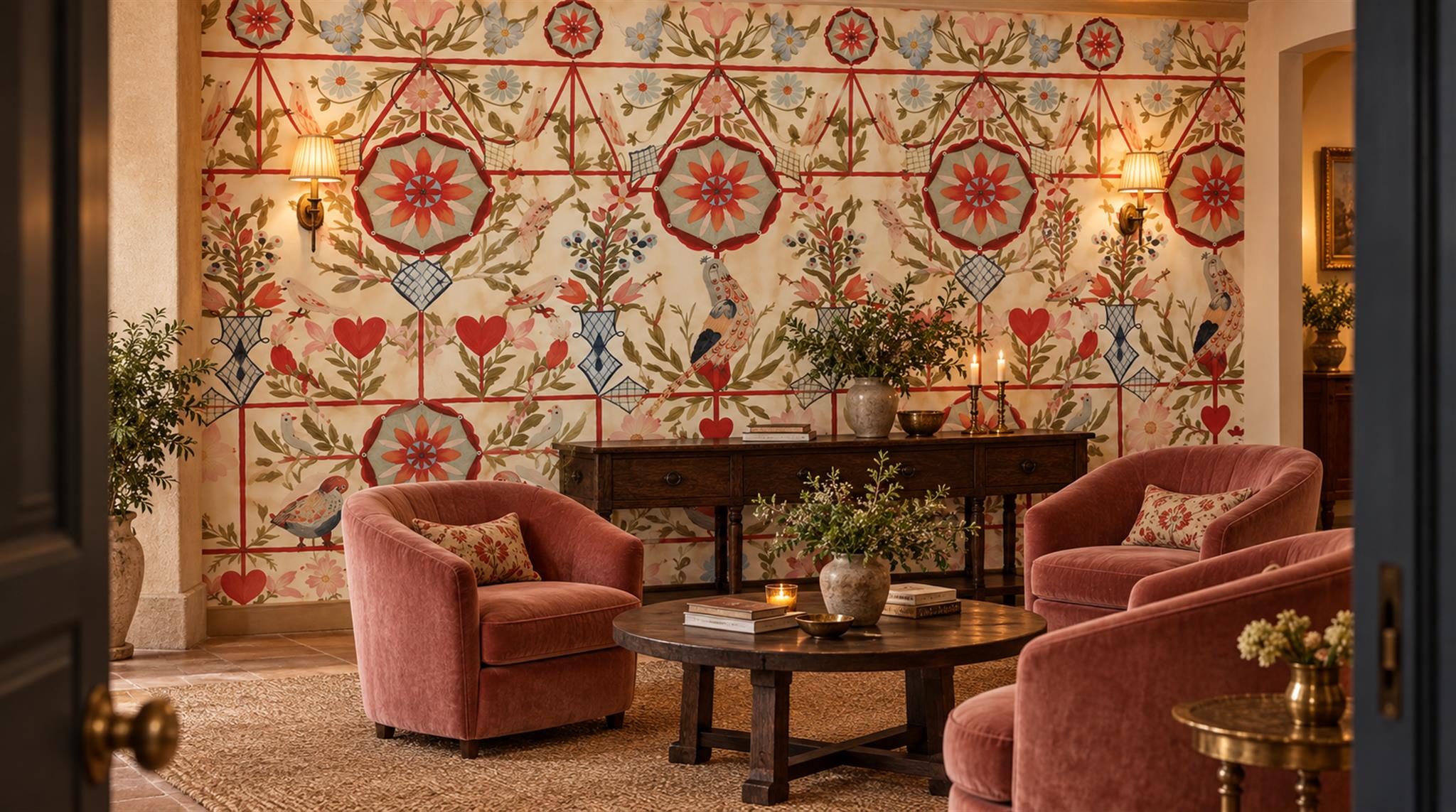 Red And Neutral Damask Patterning Wallpaper Mural Feature-wall-wallpaper-murals, Peel-and-stick Finish