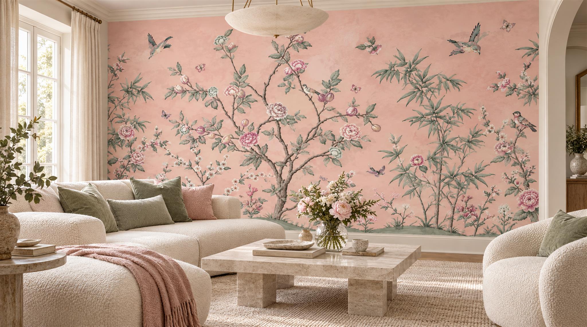 Pink Blossom Tree And Birds Wallpaper Mural — Wallpaper Mural Design, Peel-and-stick Finish