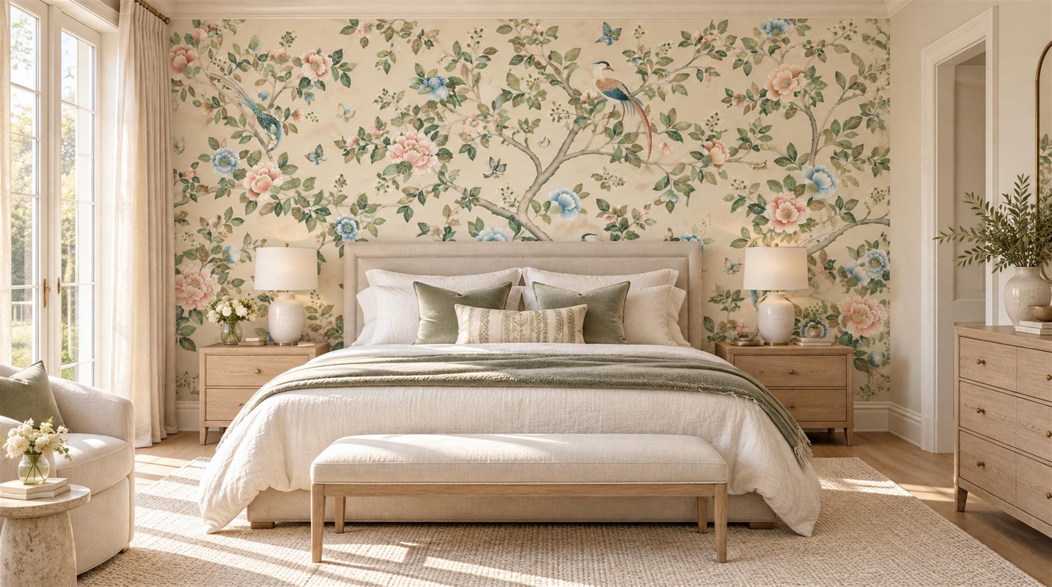 Cream And Red Decorative Patterning Atmospheric Wallpaper Mural Bedroom-wallpaper-murals, Peel-and-stick Finish