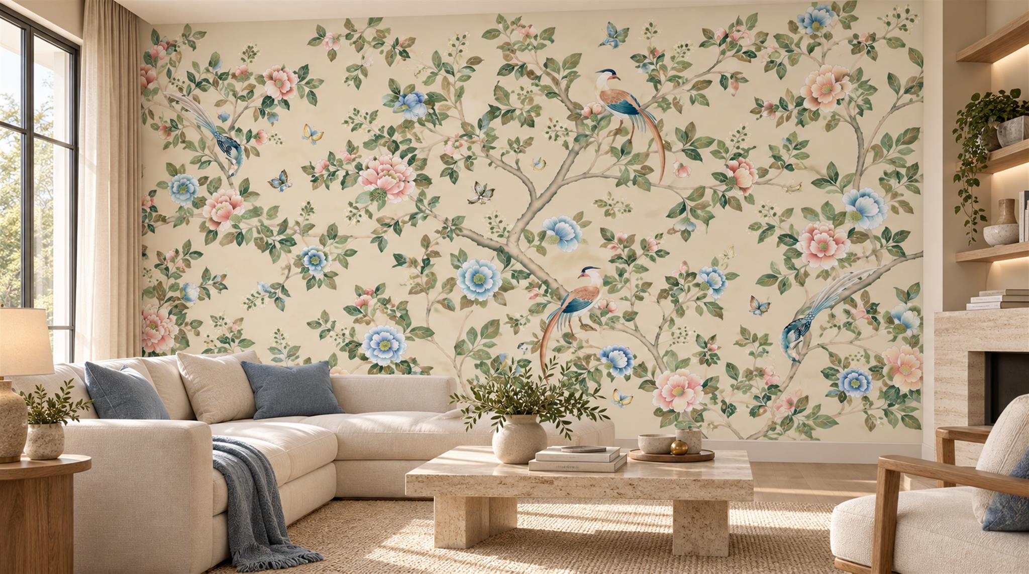 Cream And Red Decorative Patterning Atmospheric Wallpaper Mural Living-room-wallpaper-murals, Shown In A Living Room, Peel-and-stick Finish