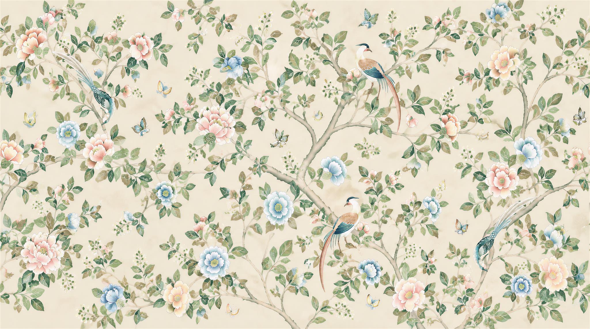 Pastel Blossom Branches And Bluebirds Wallpaper Mural — Wallpaper Mural Design, Peel-and-stick Finish