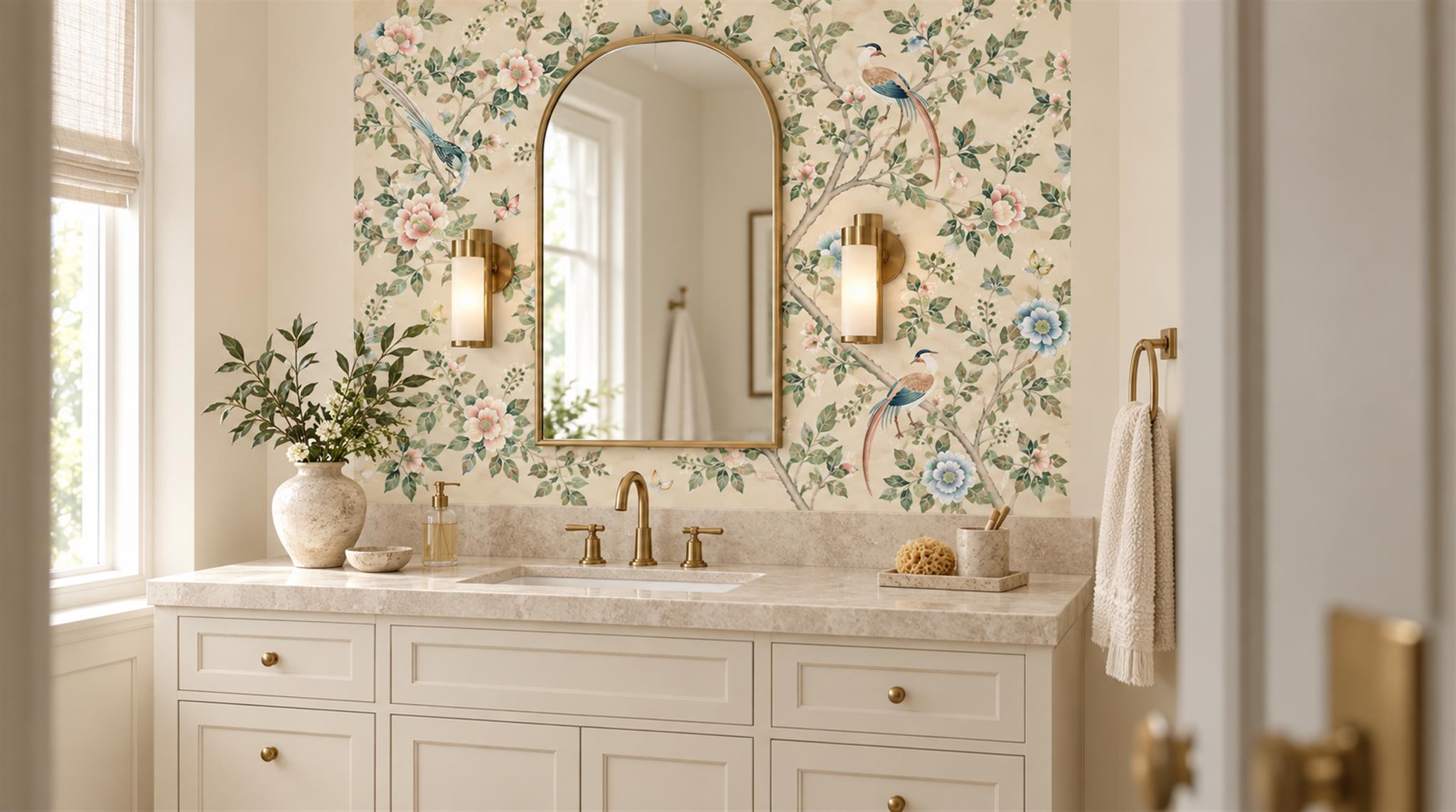 Cream And Red Decorative Patterning Atmospheric Wallpaper Mural Bathroom-wallpaper-murals, Peel-and-stick Finish