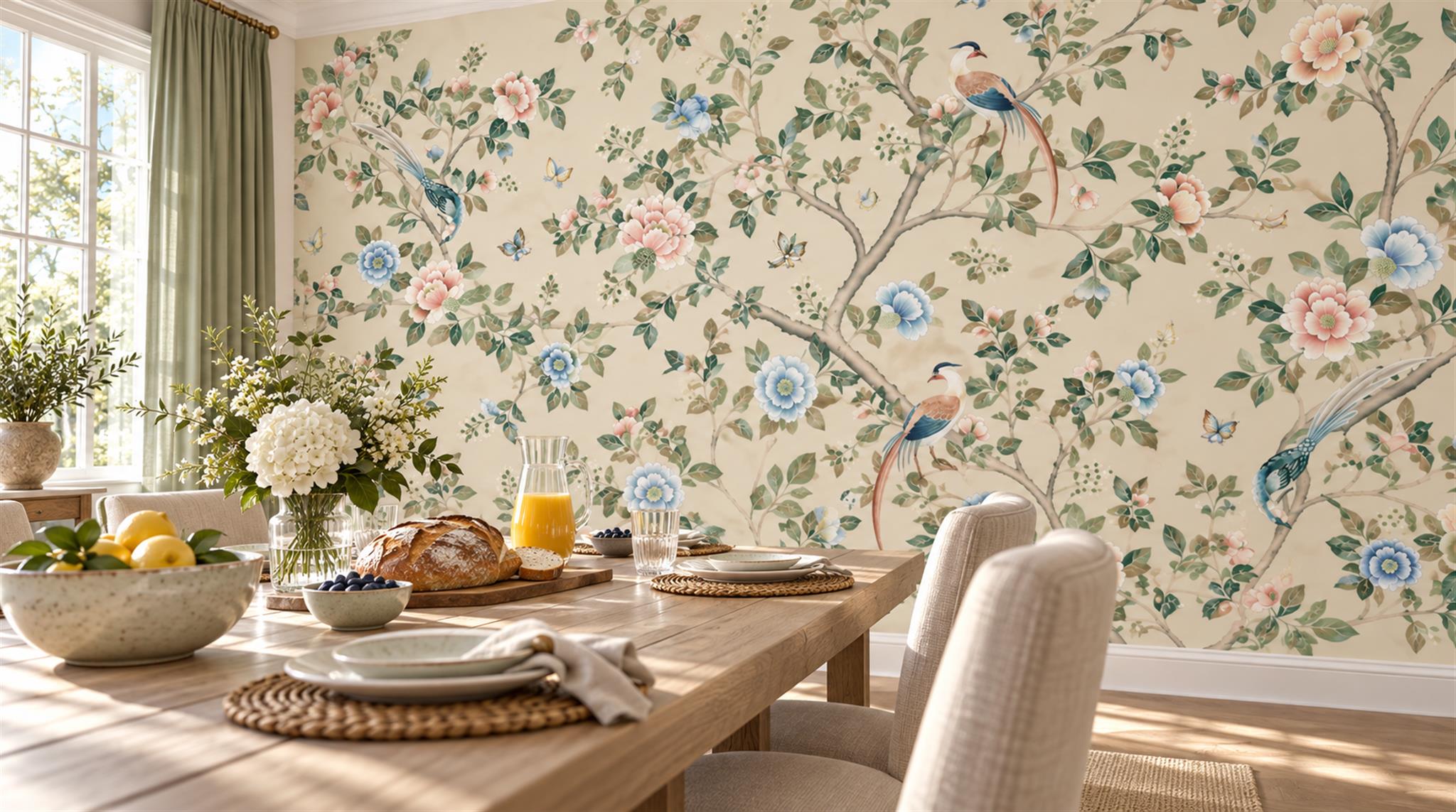 Cream And Red Decorative Patterning Atmospheric Wallpaper Mural Accent-wall-wallpaper-murals, Peel-and-stick Finish