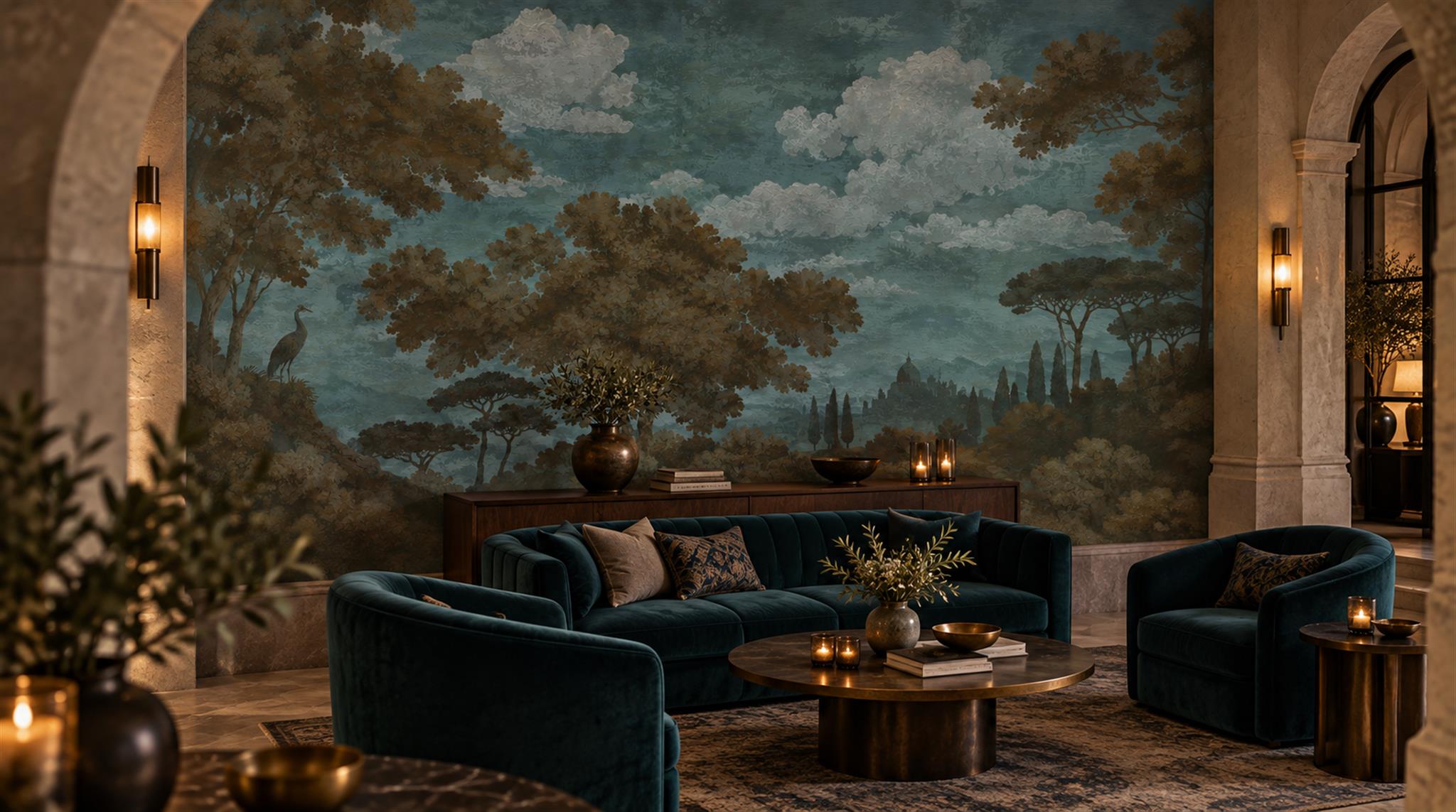 Red And Neutral A Painterly Scenic View Organic Wallpaper Accent-wall-wallpaper-murals, Peel-and-stick Finish