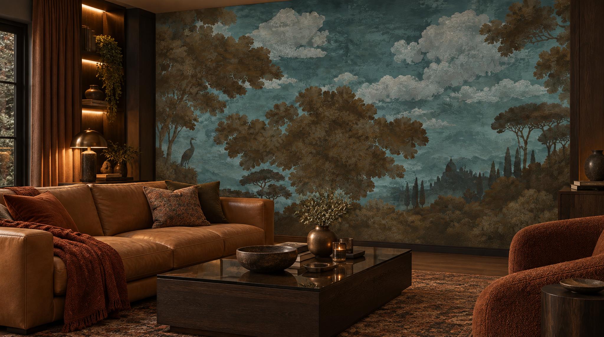 Red And Neutral A Painterly Scenic View Organic Wallpaper Living-room-wallpaper-murals, Shown In A Living Room, Peel-and-stick Finish