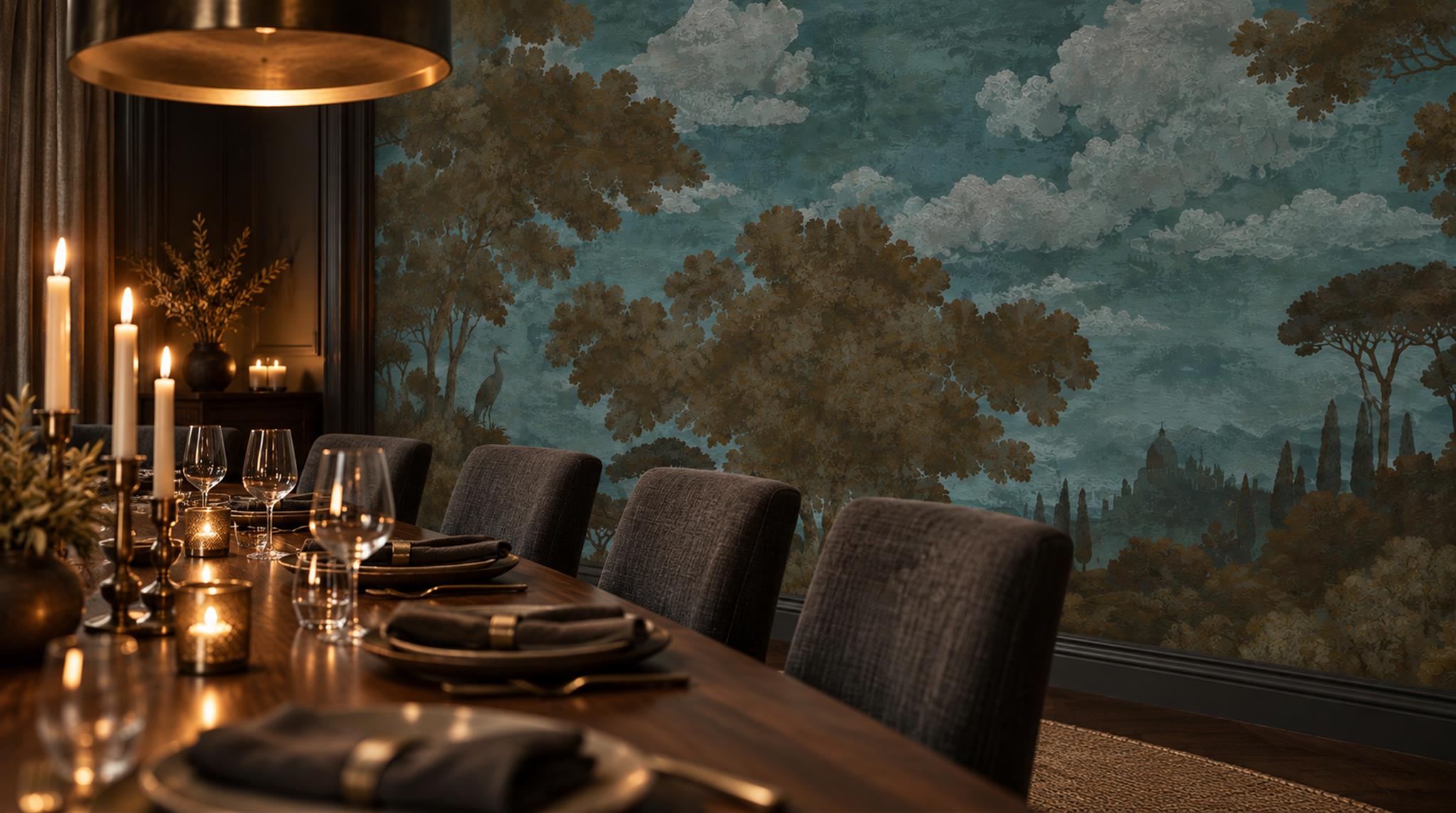 Red And Neutral A Painterly Scenic View Organic Wallpaper Accent-wall-wallpaper-murals, Peel-and-stick Finish