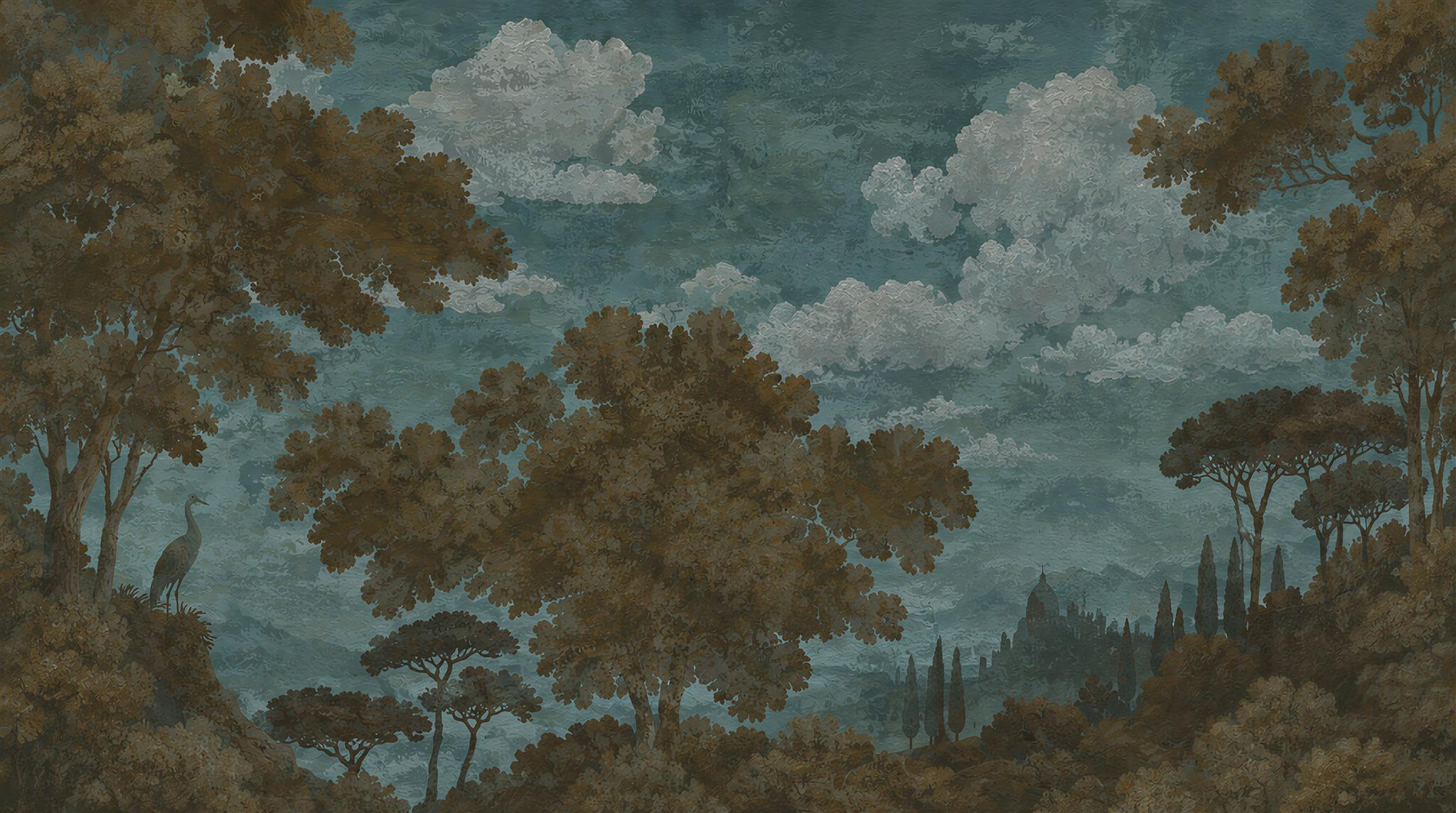 Red And Neutral A Painterly Scenic View Organic Wallpaper Accent-wall-wallpaper-murals, Peel-and-stick Finish