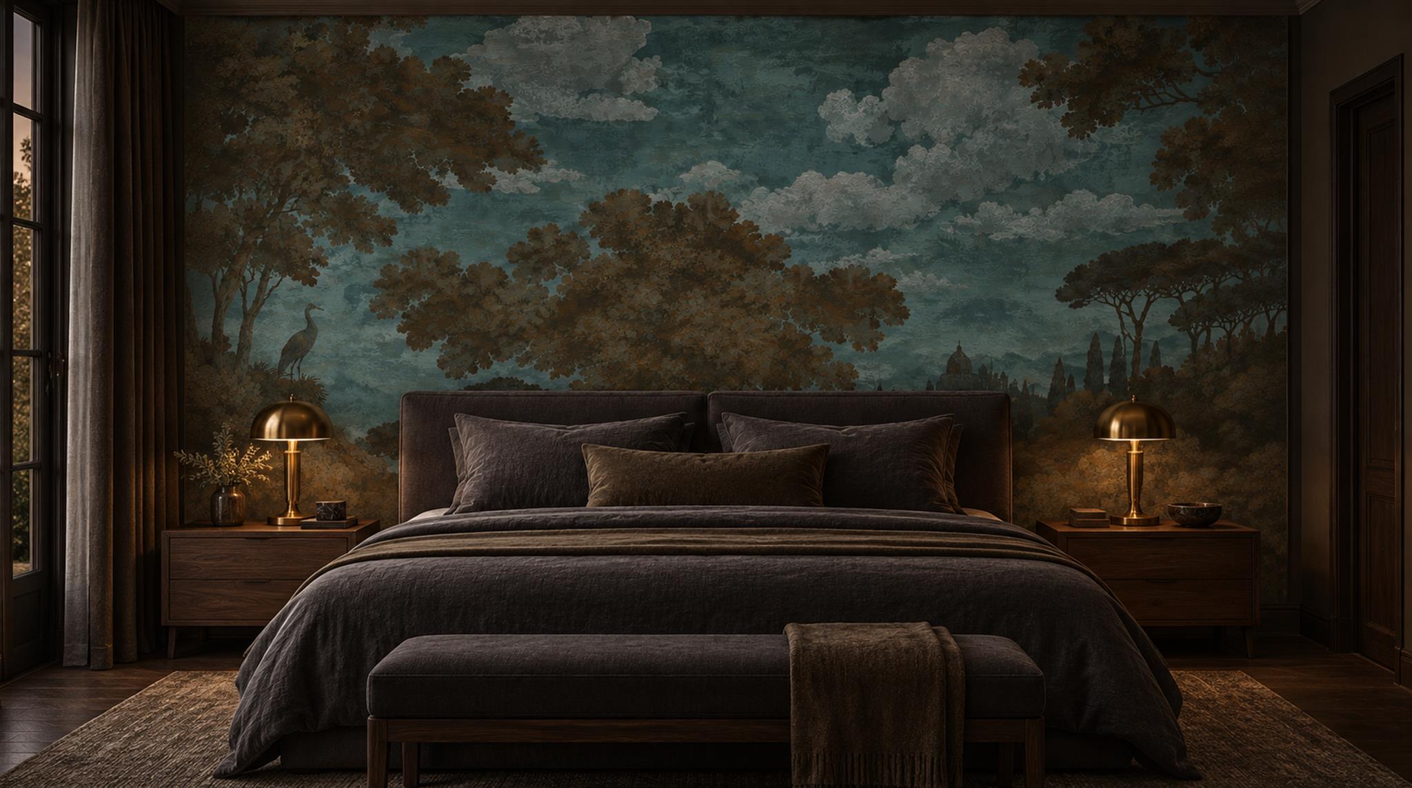 Red And Neutral A Painterly Scenic View Organic Wallpaper Bedroom-wallpaper-murals, Peel-and-stick Finish