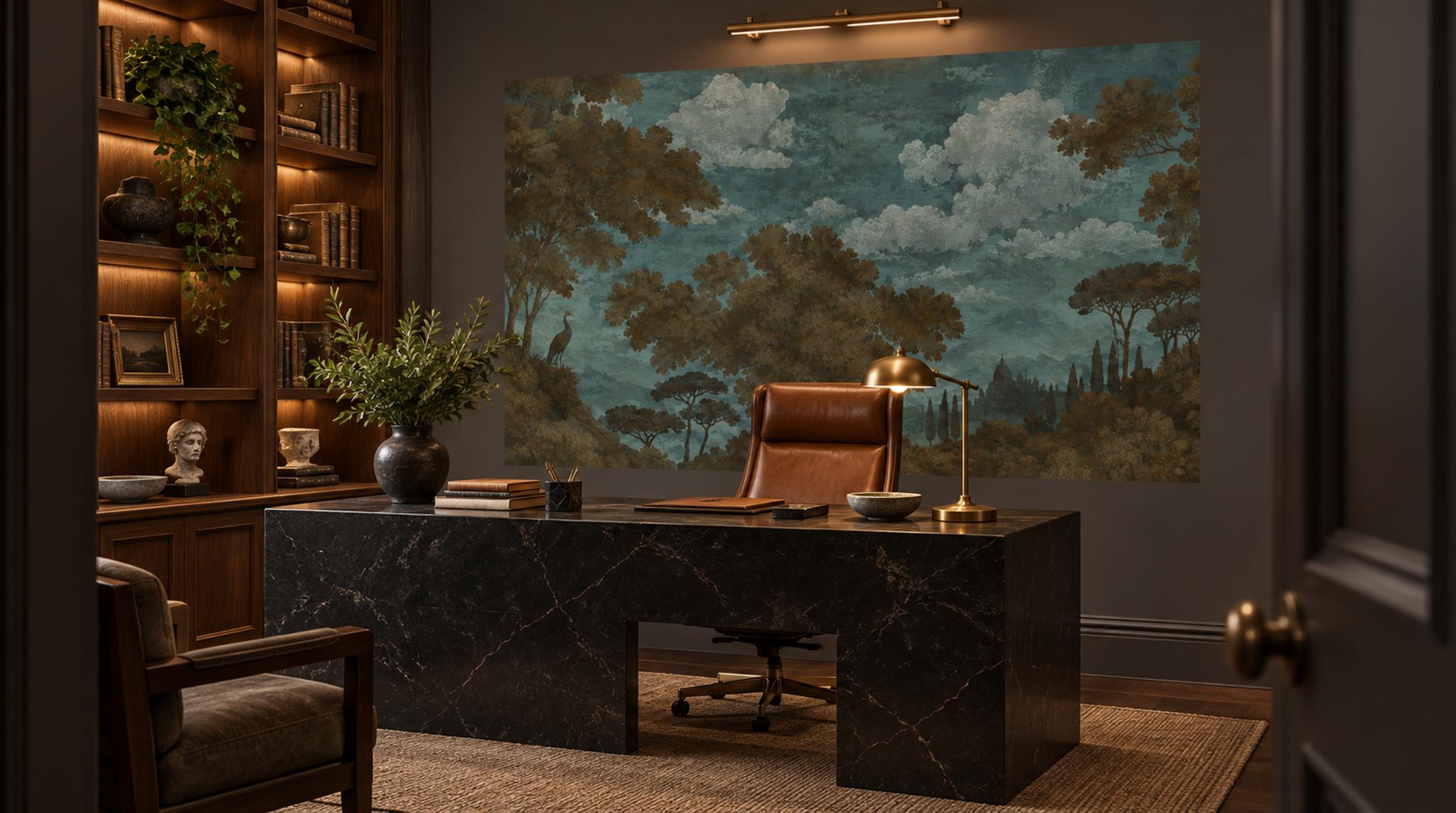 Red And Neutral A Painterly Scenic View Organic Wallpaper Accent-wall-wallpaper-murals, Peel-and-stick Finish